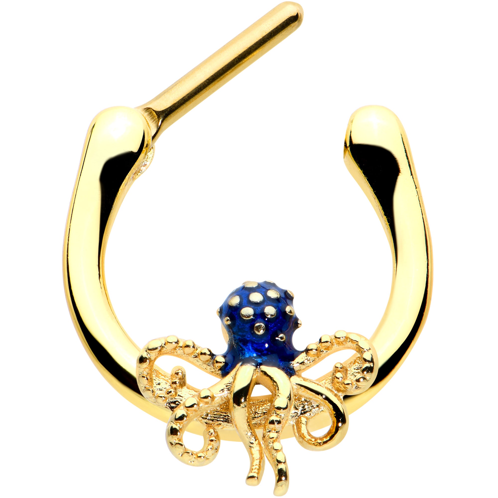 16 Gauge 5/16 Gold Tone Textured Blue Octopus Cartilage Clicker