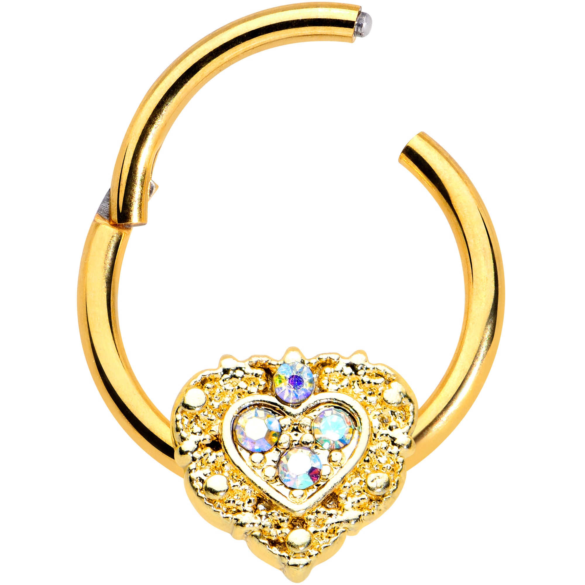 16 Gauge 3/8 Aurora Gem Gold Tone Baroque Heart Hinged Segment Ring