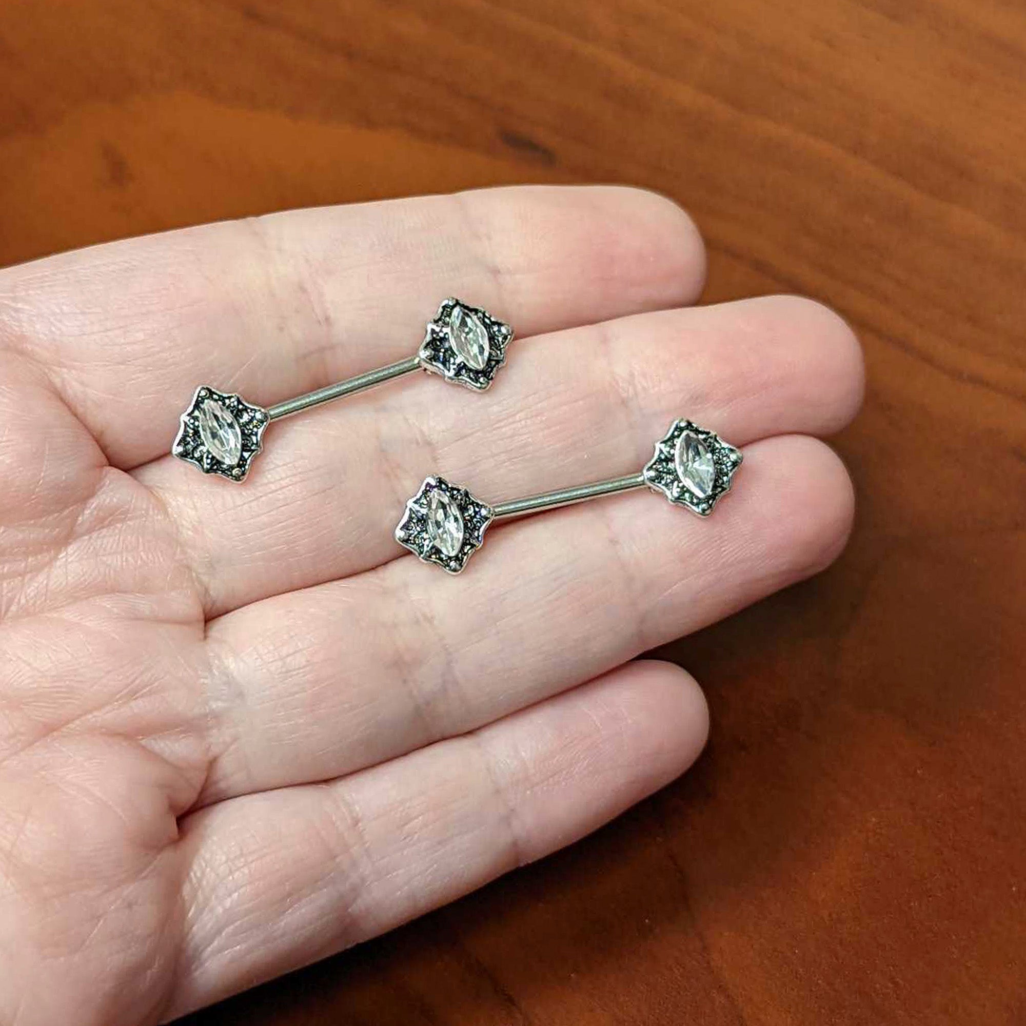 14 Gauge 9/16 Clear Gem Rhombus Retro Barbell Nipple Ring Set