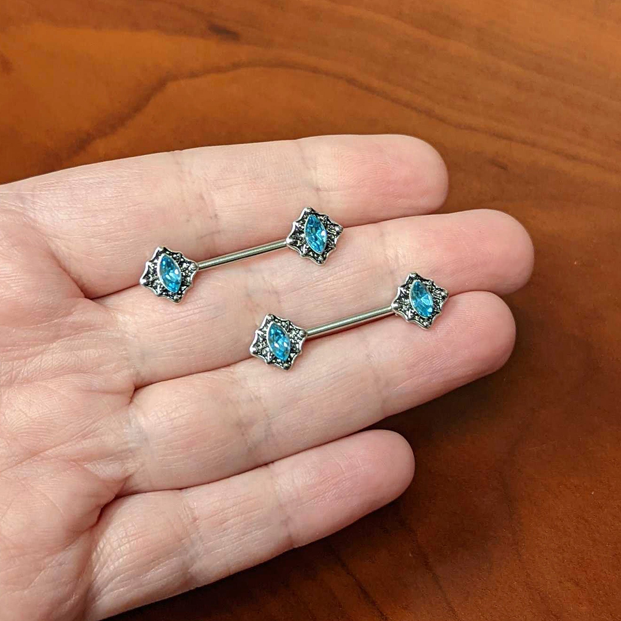 14 Gauge 9/16 Blue Gem Rhombus Retro Barbell Nipple Ring Set