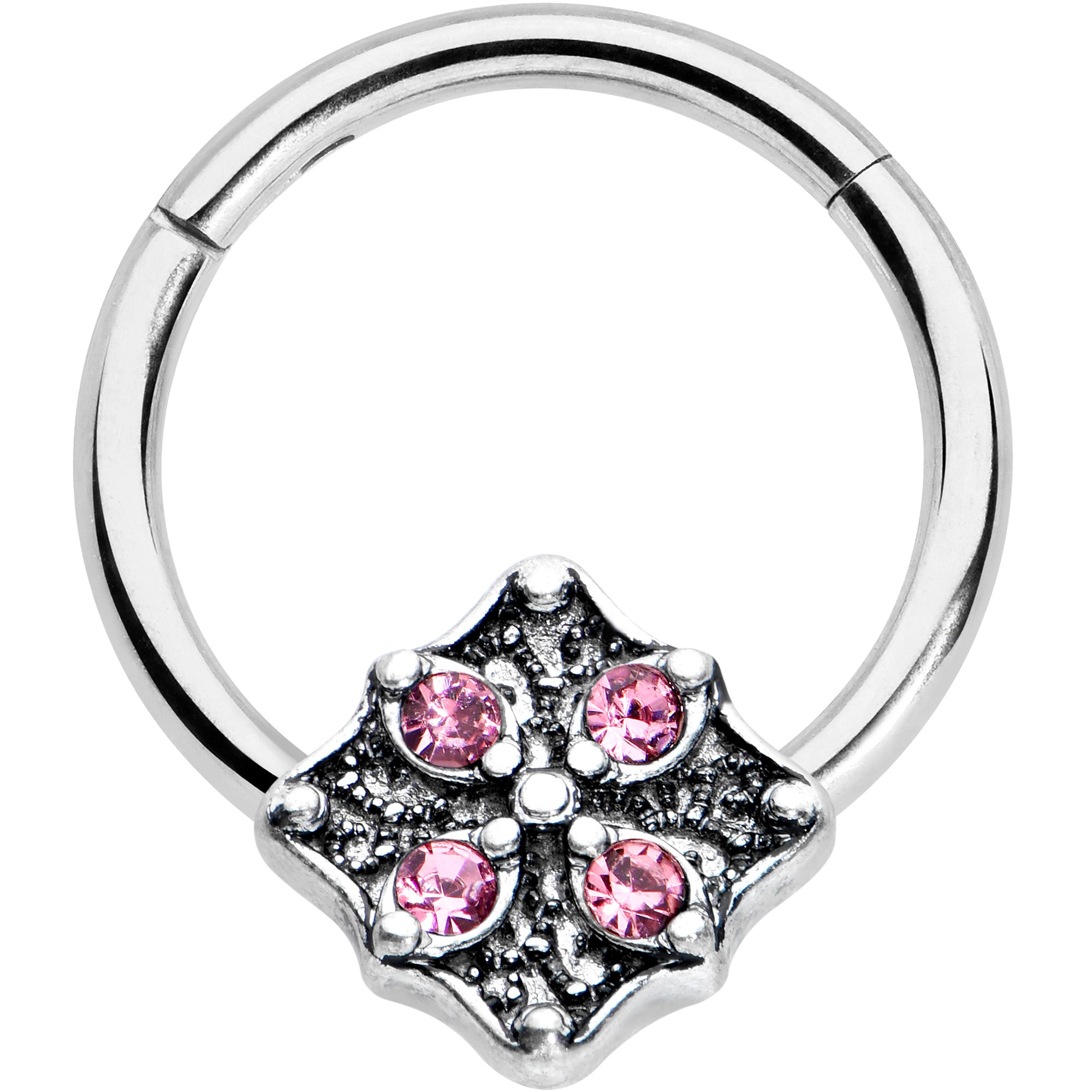 16 Gauge 3/8 Pink Gem Floral Rhombus Baroque Hinged Segment Ring