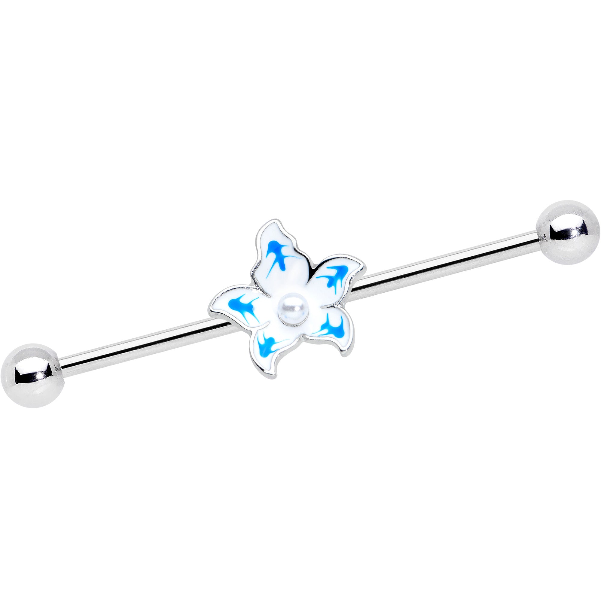 14 Gauge Pearly White Orb Blue Flower Industrial Barbell 38mm