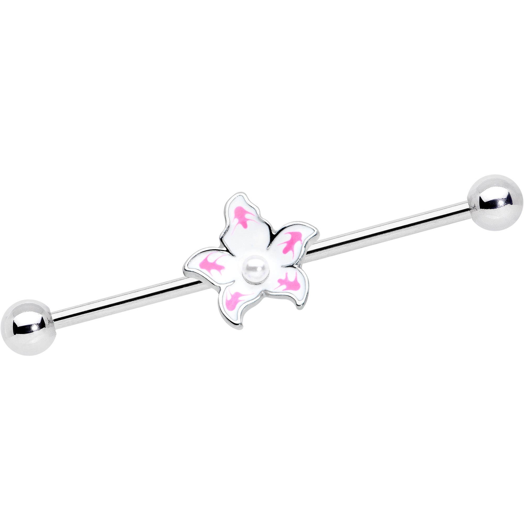 14 Gauge Pearly White Orb Pink Flower Industrial Barbell 38mm