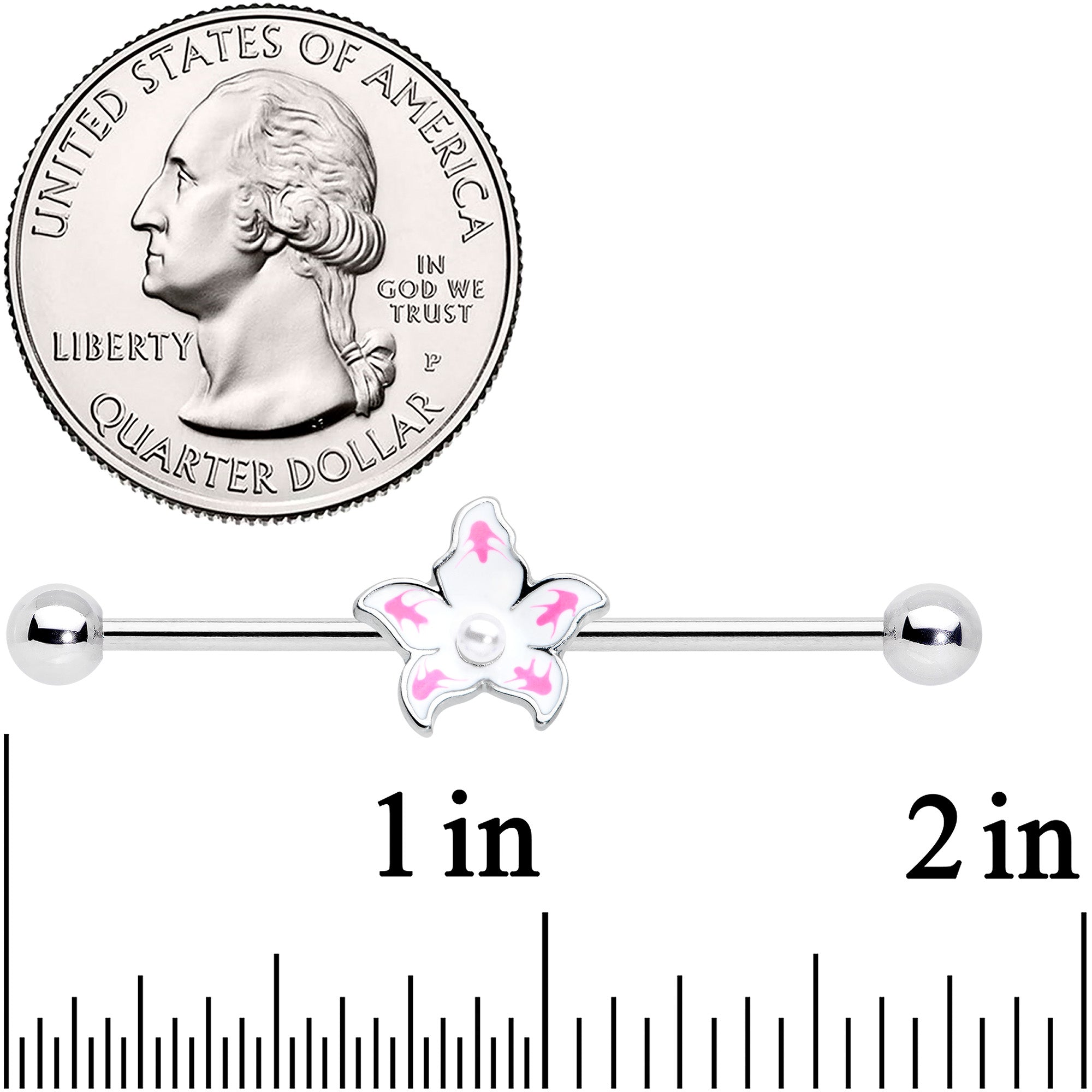 14 Gauge Pearly White Orb Pink Flower Industrial Barbell 38mm