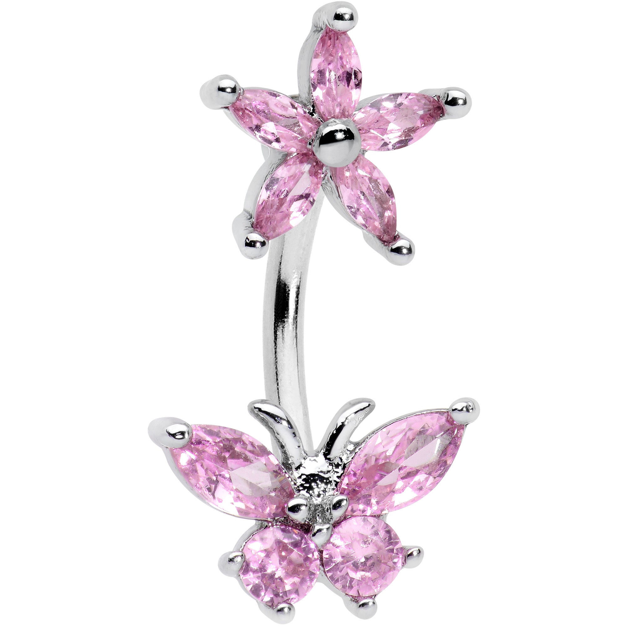 Pink CZ Gem Flower Butterfly Double Mount Belly Ring