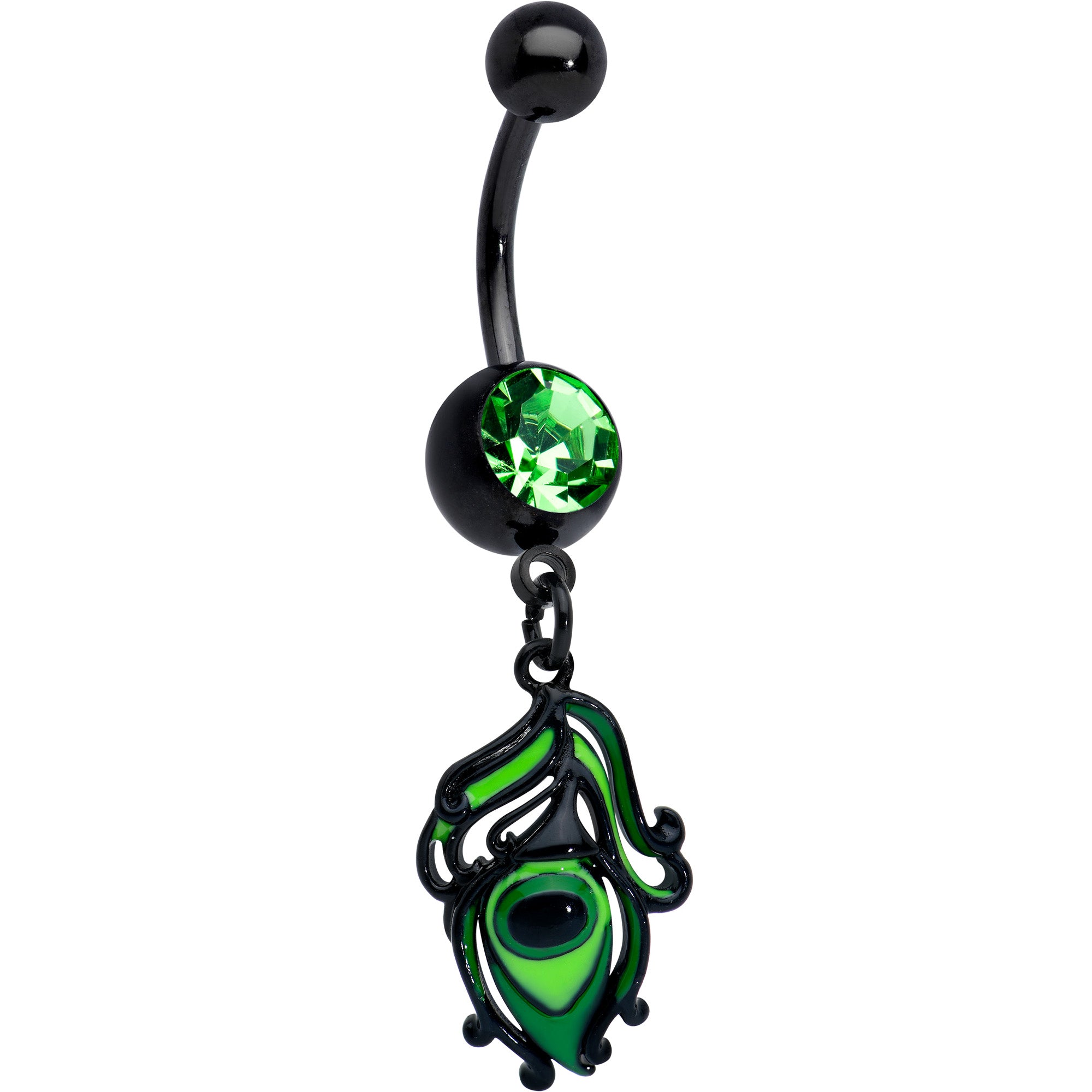 Green Gem Black Striking Peacock Feather Dangle Belly Ring