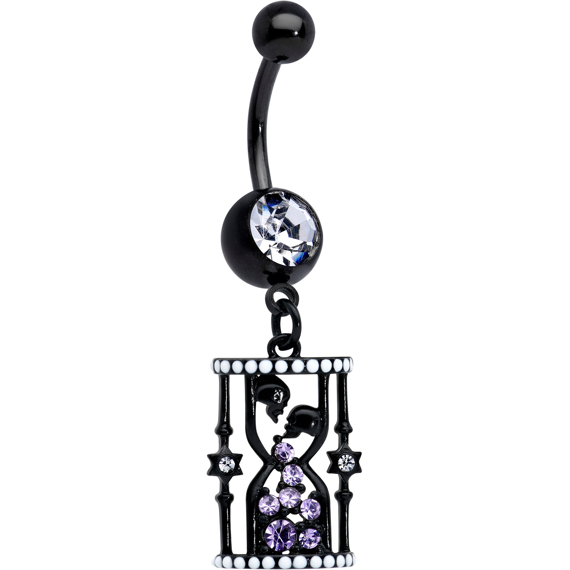 Clear Purple Gem Black Gothic Skull Hourglass Dangle Belly Ring