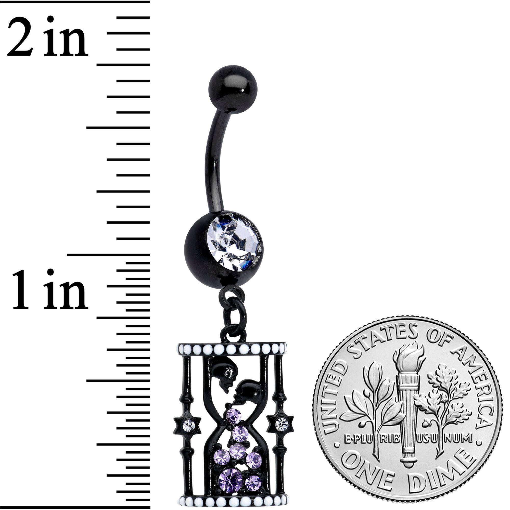 Clear Purple Gem Black Gothic Skull Hourglass Dangle Belly Ring