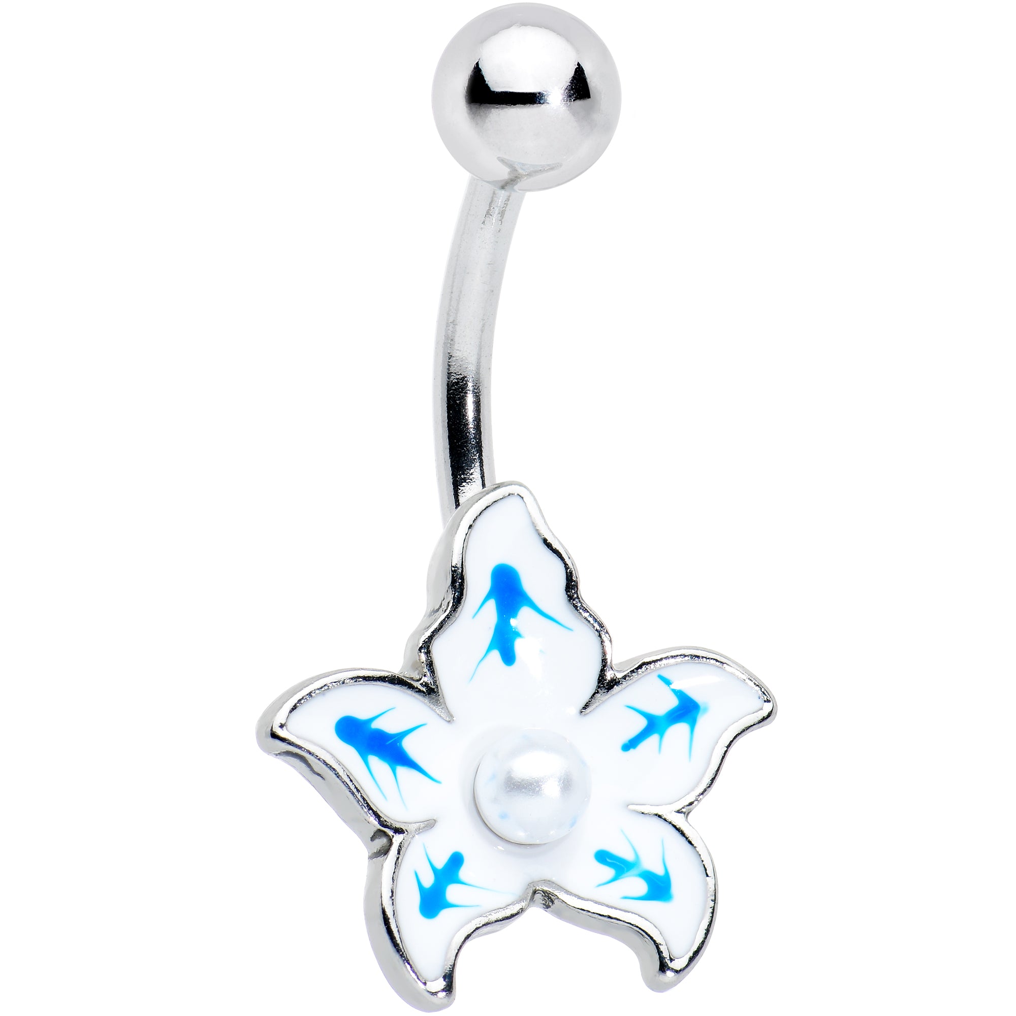 White Pearlescent Orb Blue White Flower Belly Ring