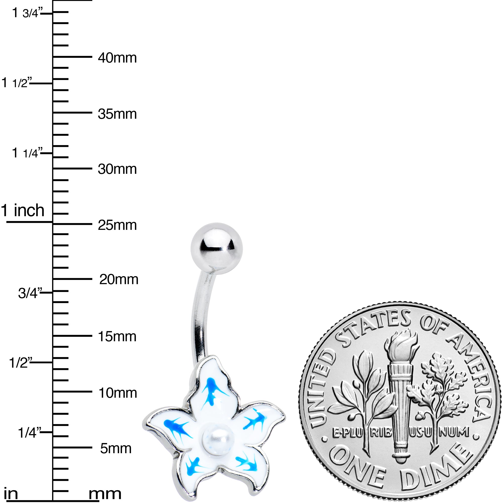 White Pearlescent Orb Blue White Flower Belly Ring