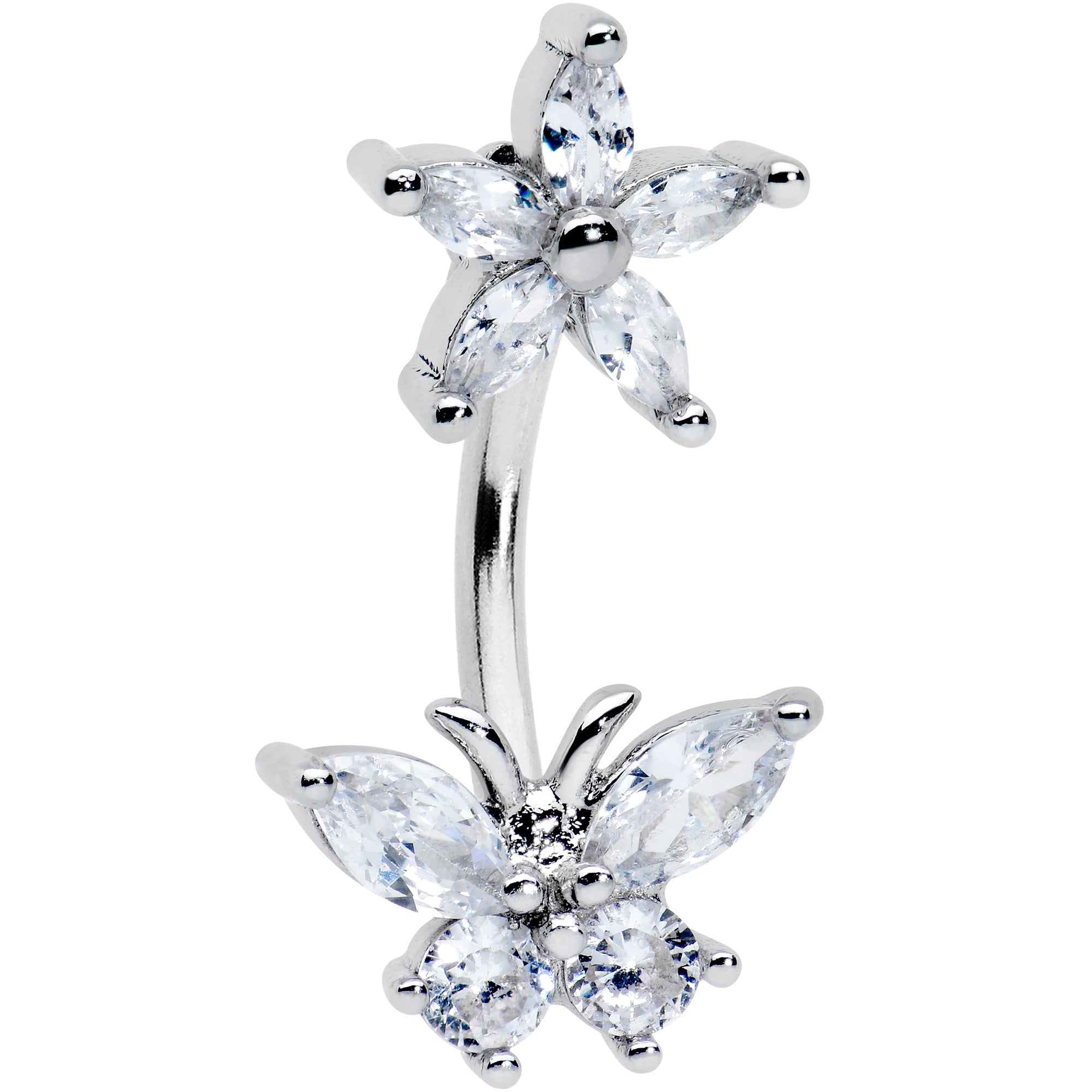 Clear CZ Gem Flower Butterfly Double Mount Belly Ring