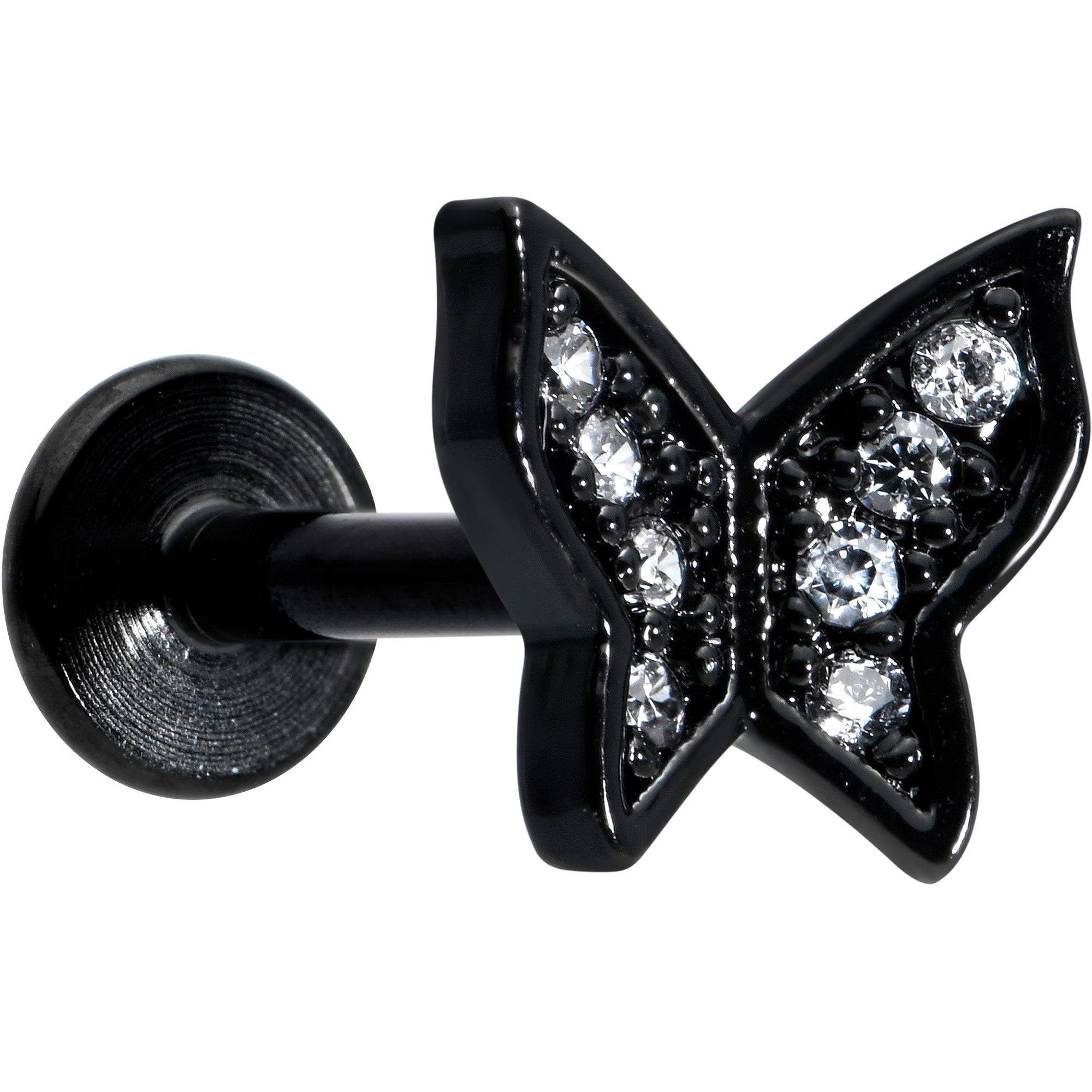 16 Gauge 5/16 Clear Gem Black Butterfly Internal Thread Labret Tragus