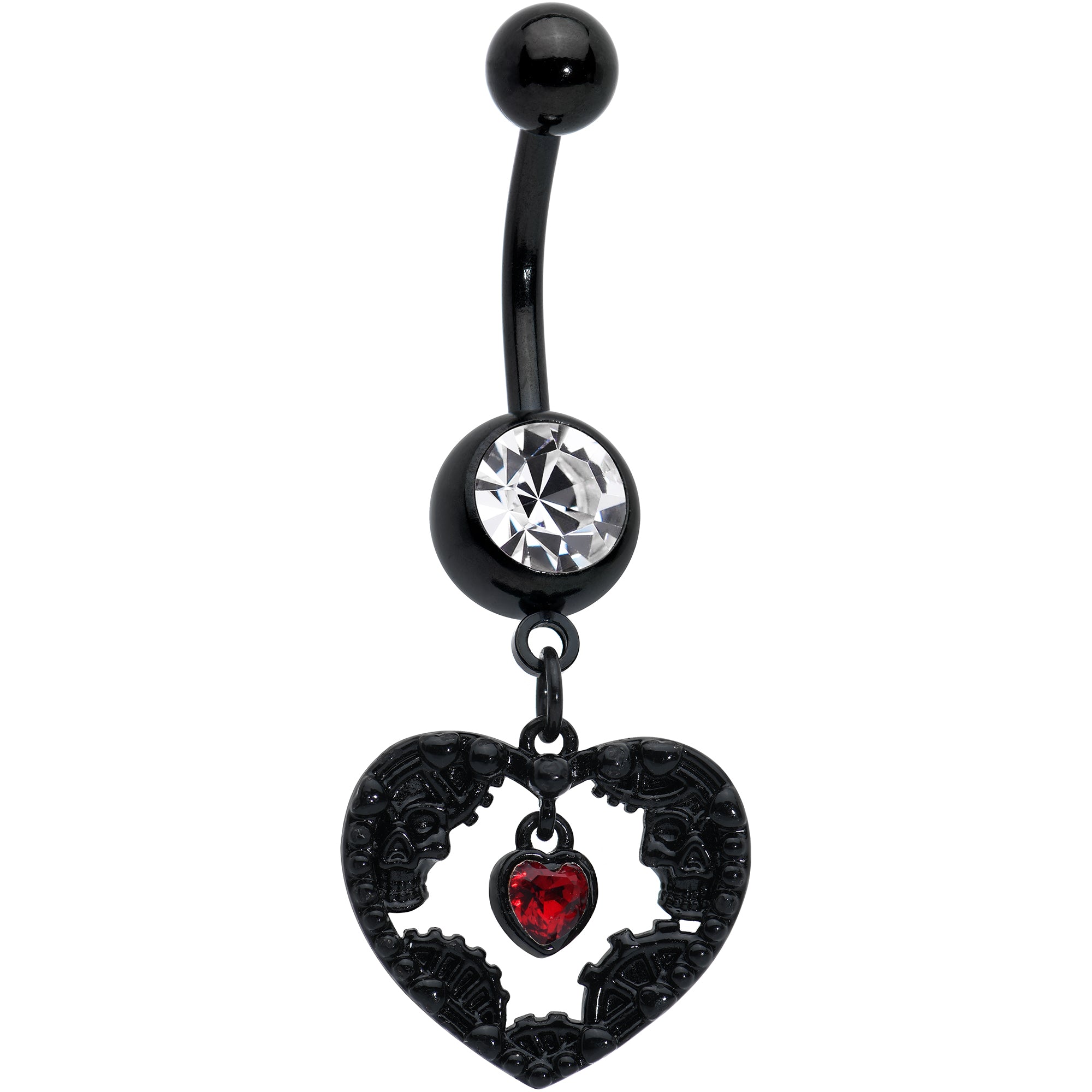 Clear Red Gem Black Skeleton Steampunk Heart Dangle Belly Ring