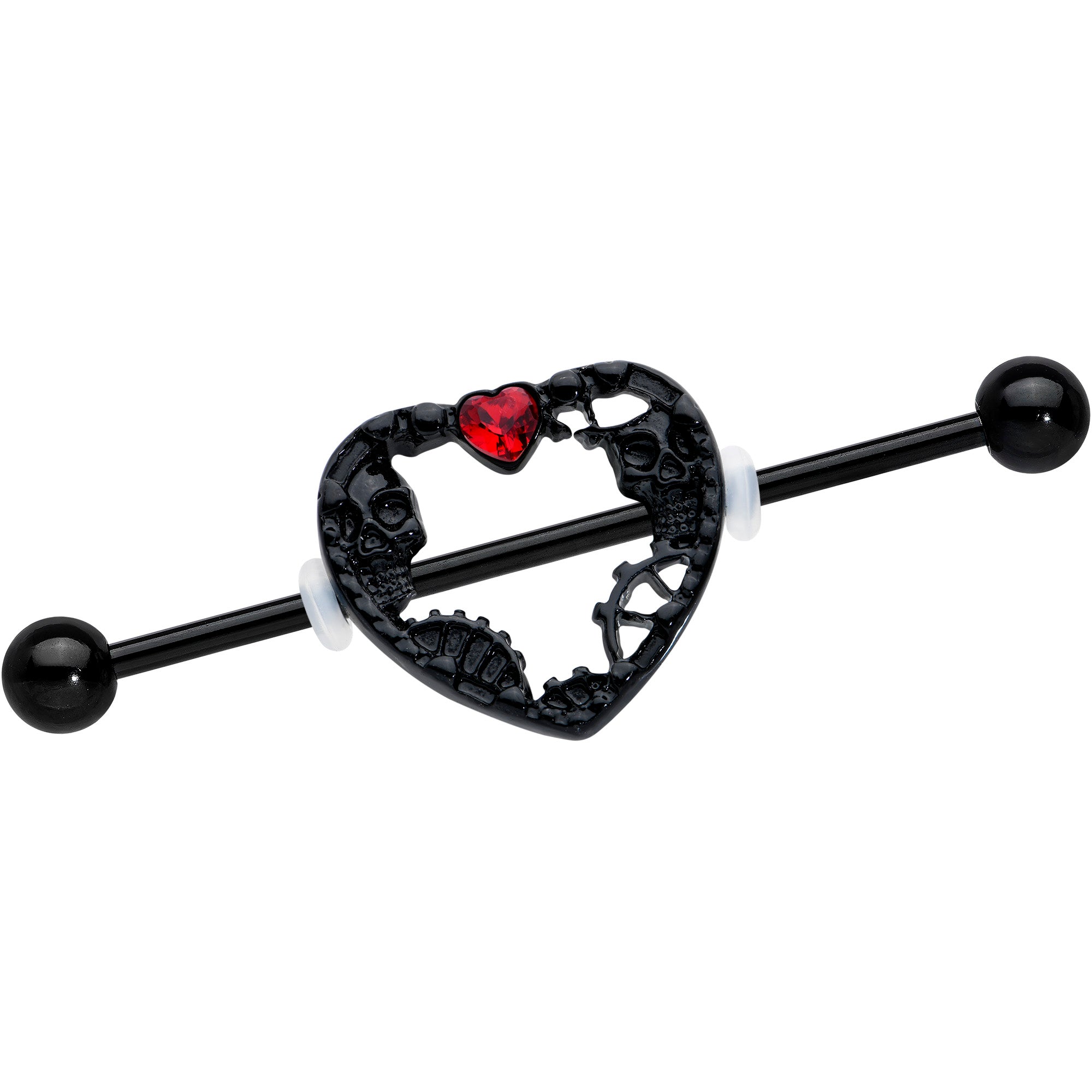 14 Gauge Red Gem Black Heart Steampunk Skeleton Industrial Barbell 38mm