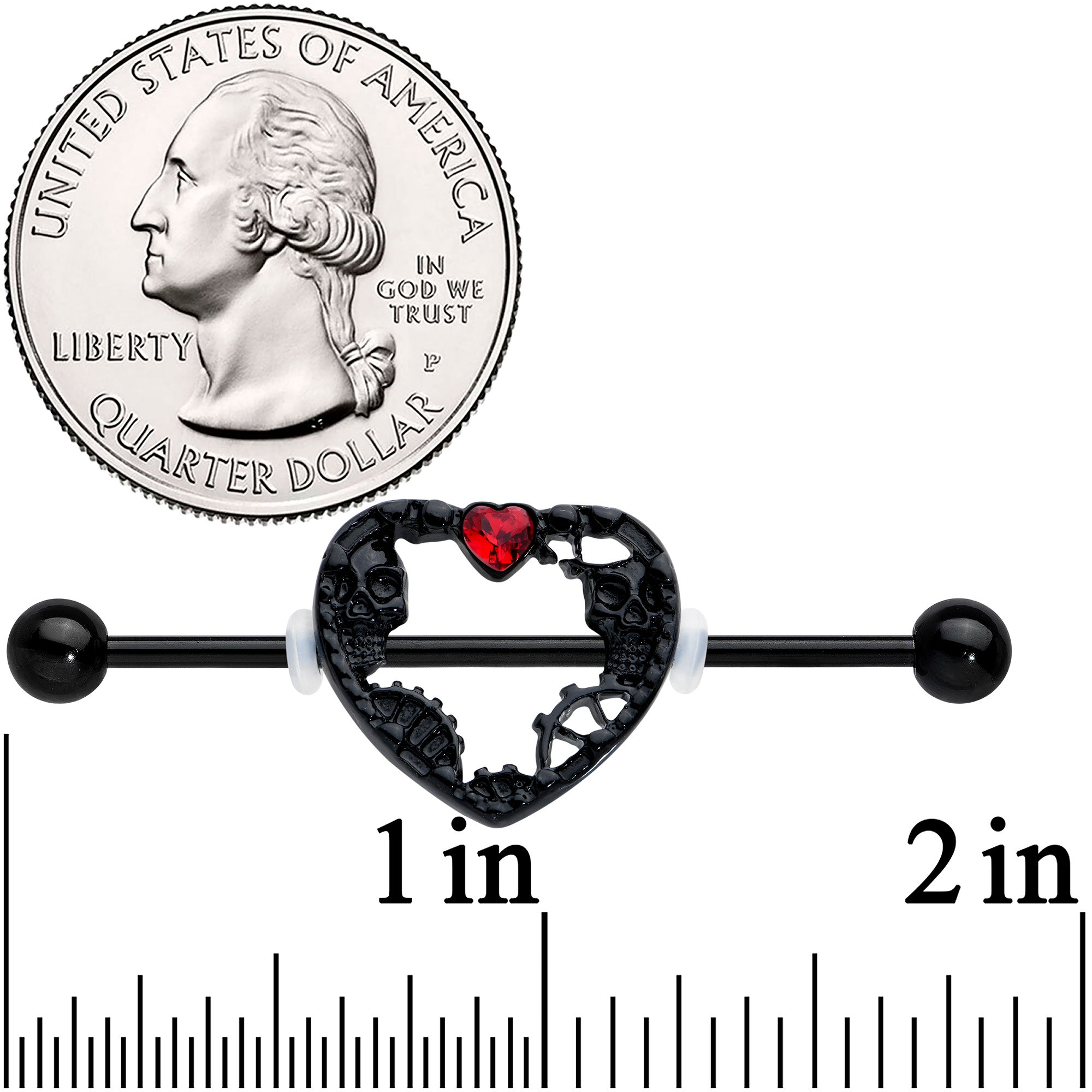 14 Gauge Red Gem Black Heart Steampunk Skeleton Industrial Barbell 38mm