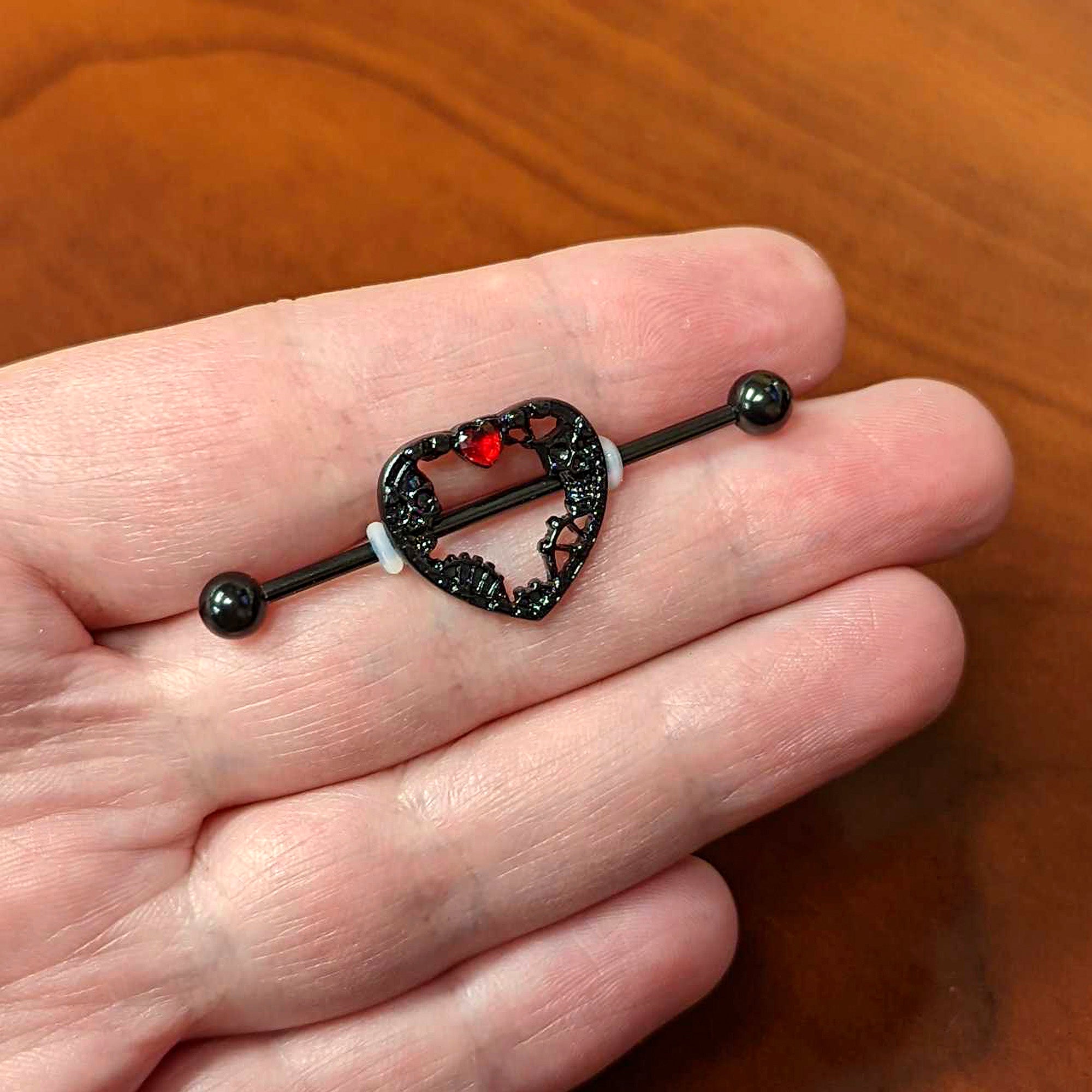 14 Gauge Red Gem Black Heart Steampunk Skeleton Industrial Barbell 38mm