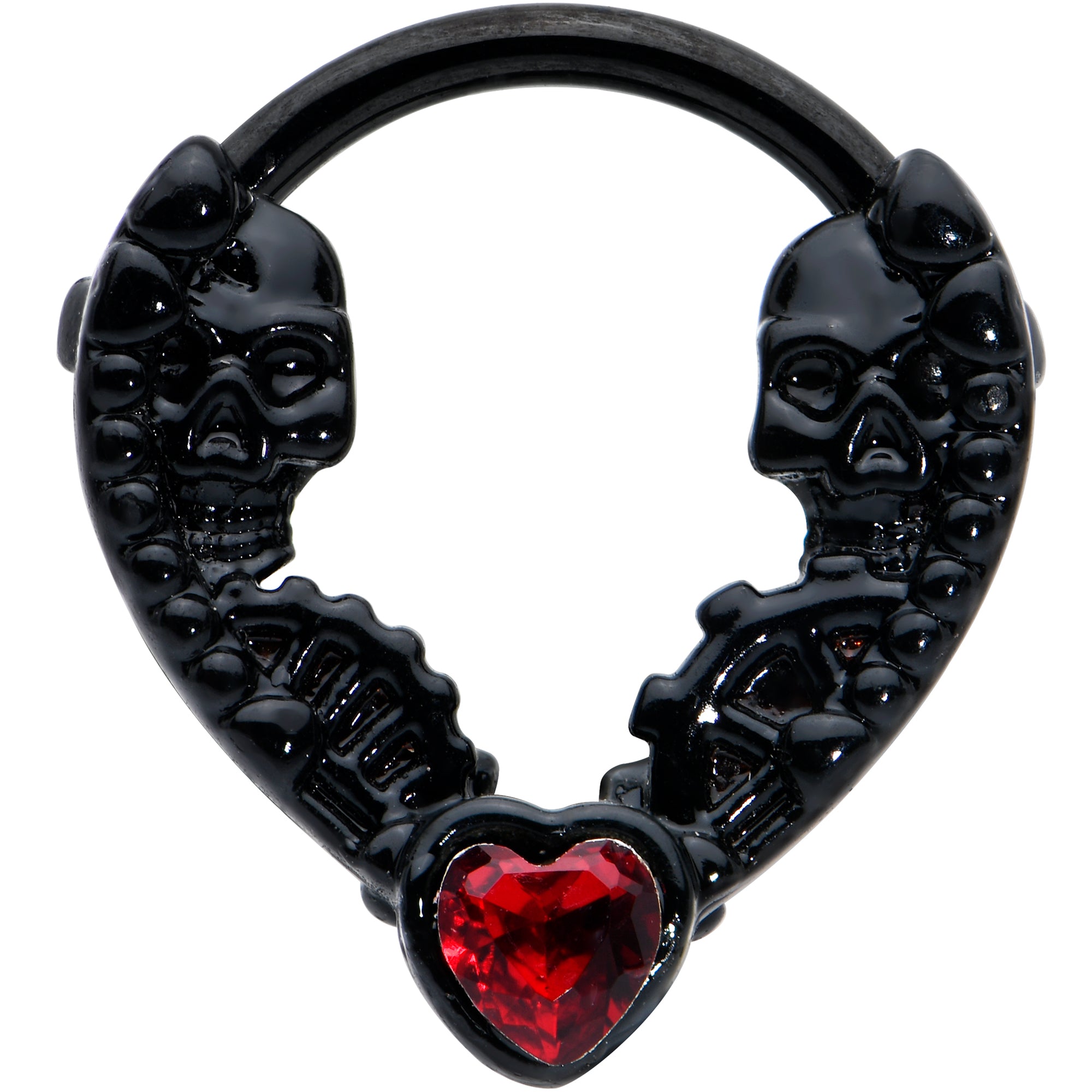 16 Gauge 3/8 Red Gem Black Steampunk Skeleton Heart Cartilage Clicker