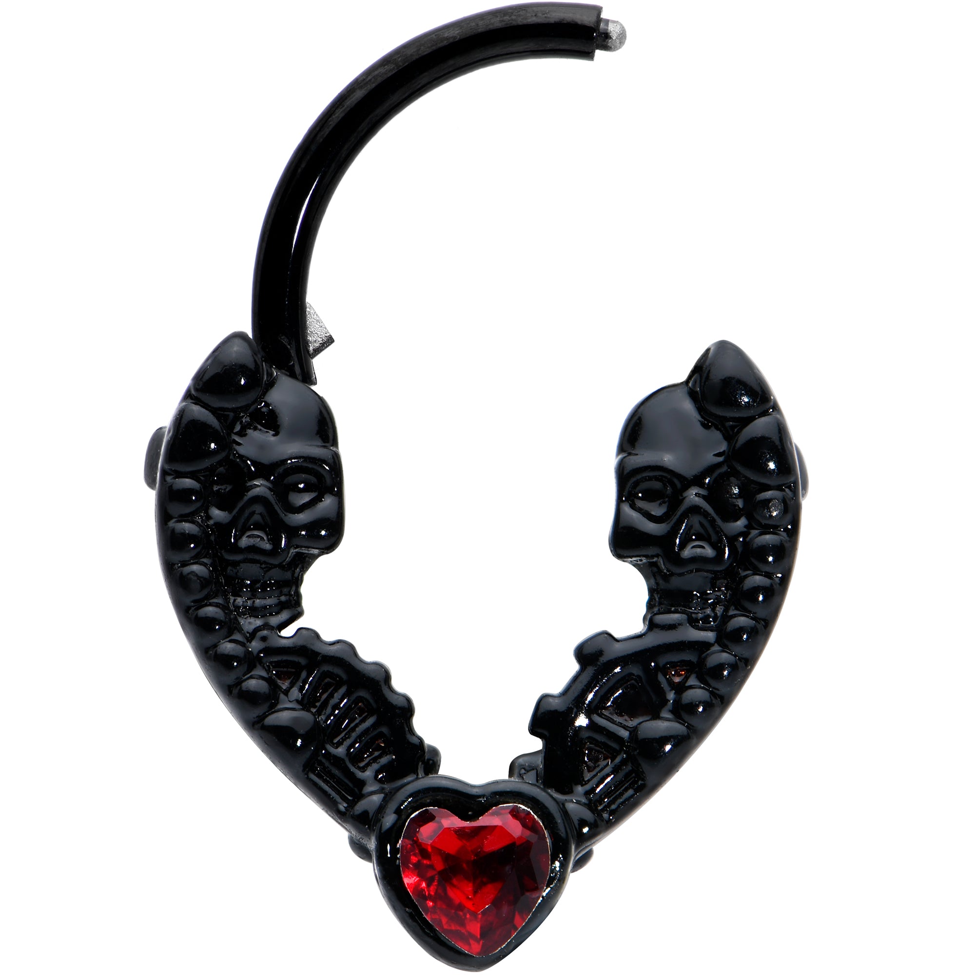 16 Gauge 3/8 Red Gem Black Steampunk Skeleton Heart Cartilage Clicker