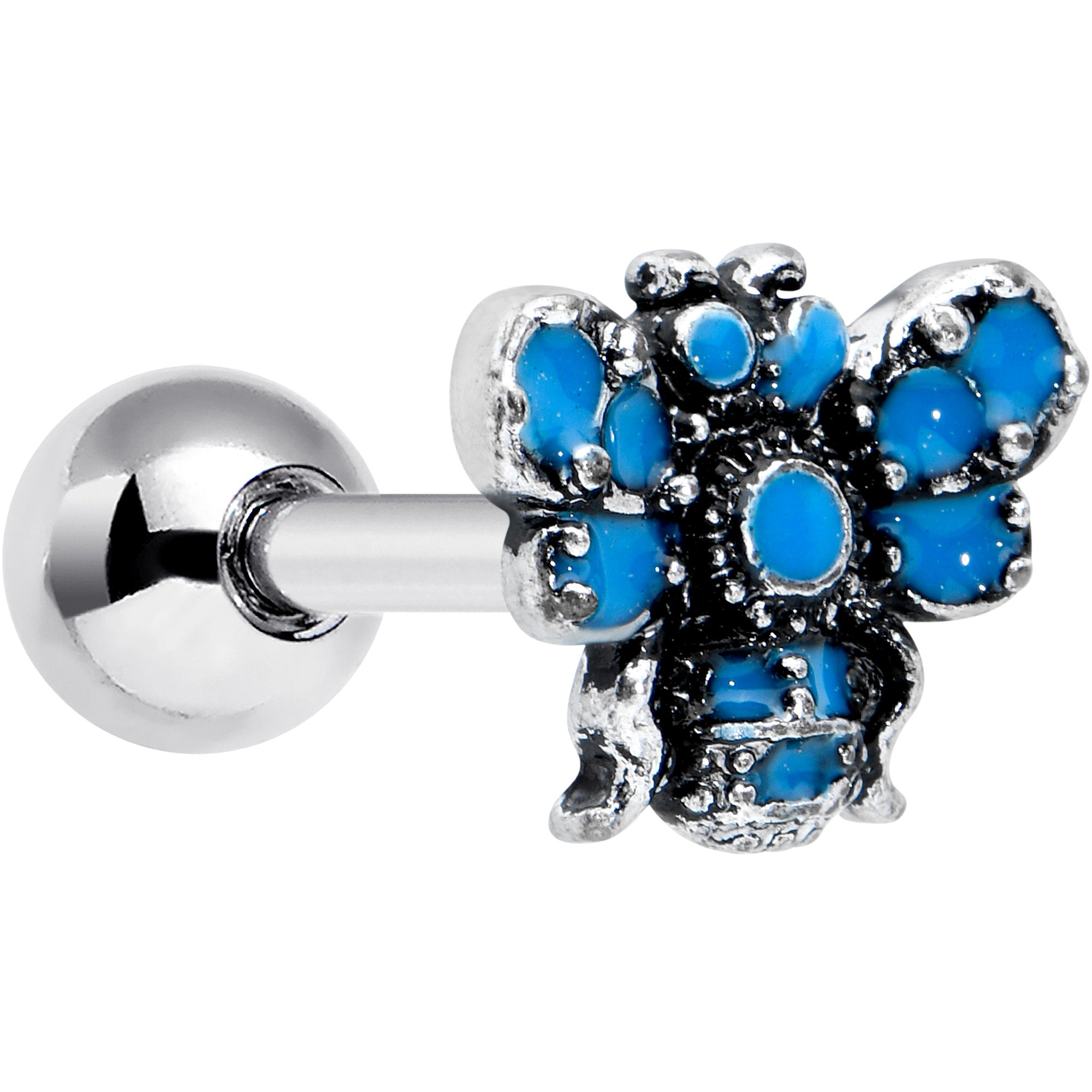 16 Gauge 1/4 Textured Blue Butterfly Cartilage Tragus Earring