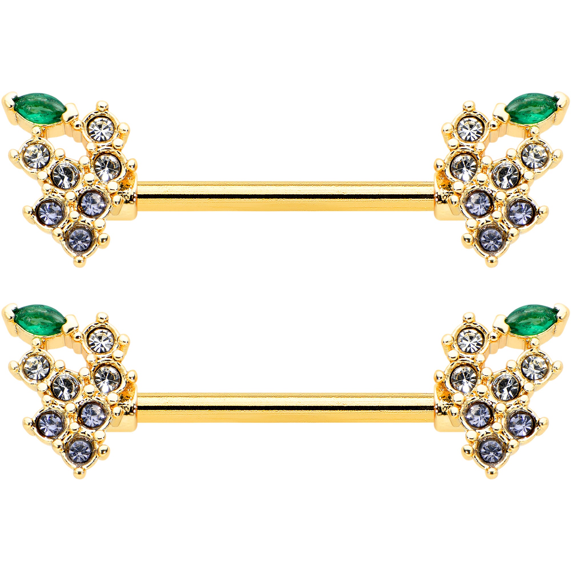 14 Gauge 9/16 Clear CZ Gem Gold Tone Bunch Grapes Nipple Ring Set