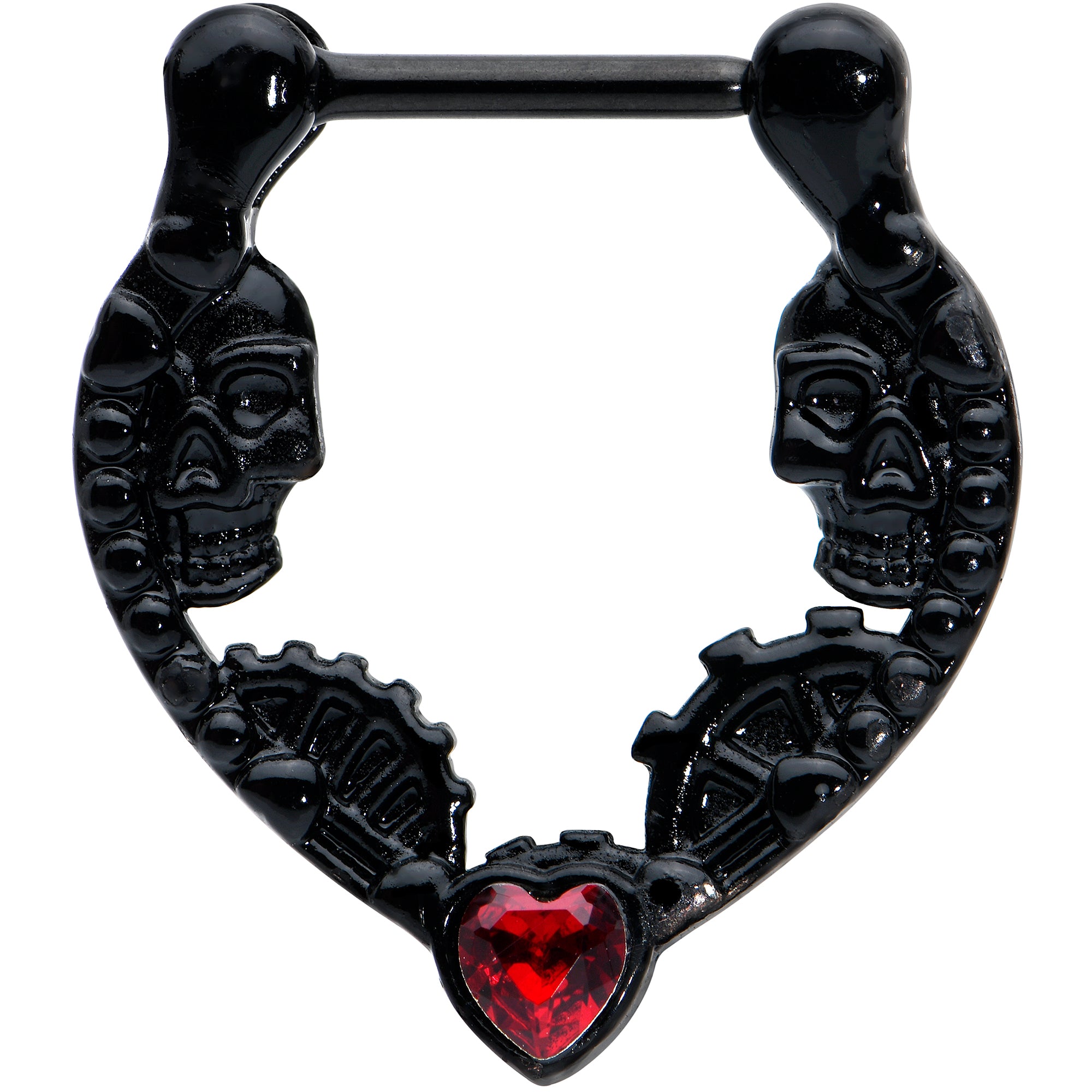 16 Gauge 5/16 Red Gem Black Steampunk Skeleton Heart Cartilage Clicker