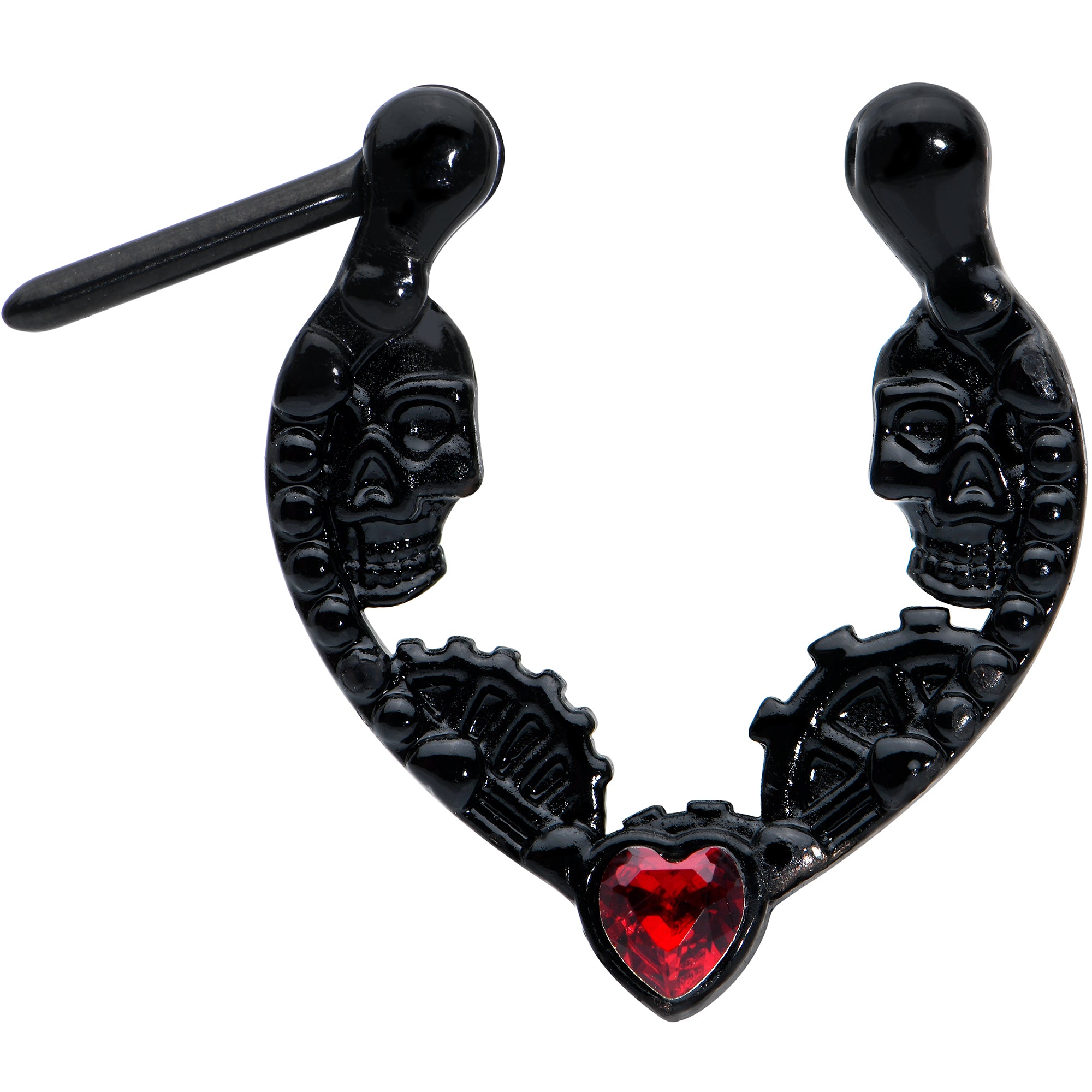 16 Gauge 5/16 Red Gem Black Steampunk Skeleton Heart Cartilage Clicker