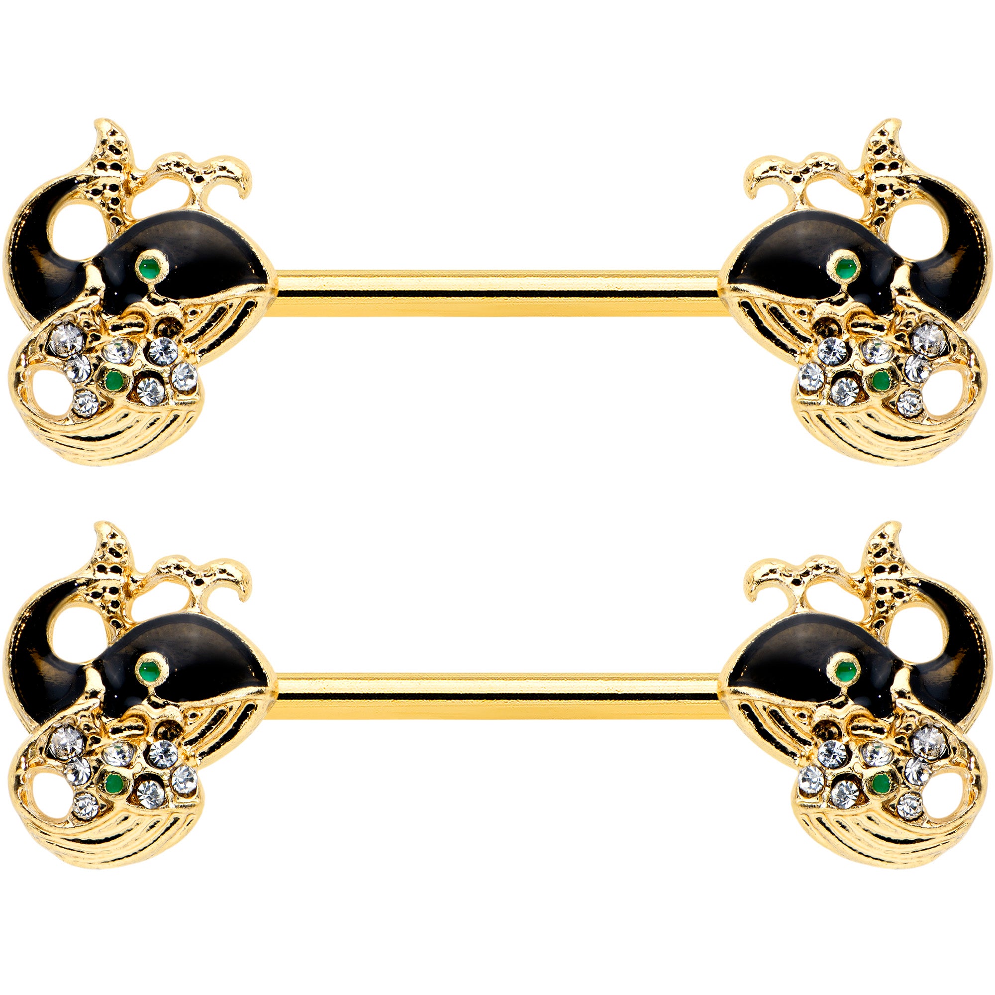 14 Gauge 9/16 Clear Gem Gold Tone Mom Baby Whale Nipple Ring Set