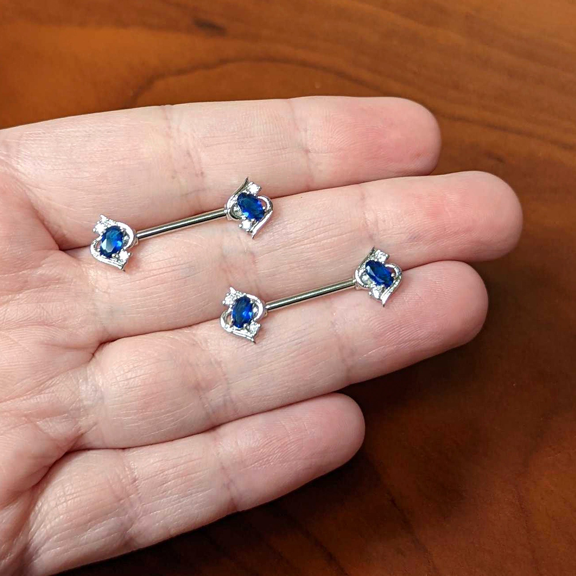 14 Gauge 9/16 Clear Blue Gem Oval Swirl Barbell Nipple Ring Set