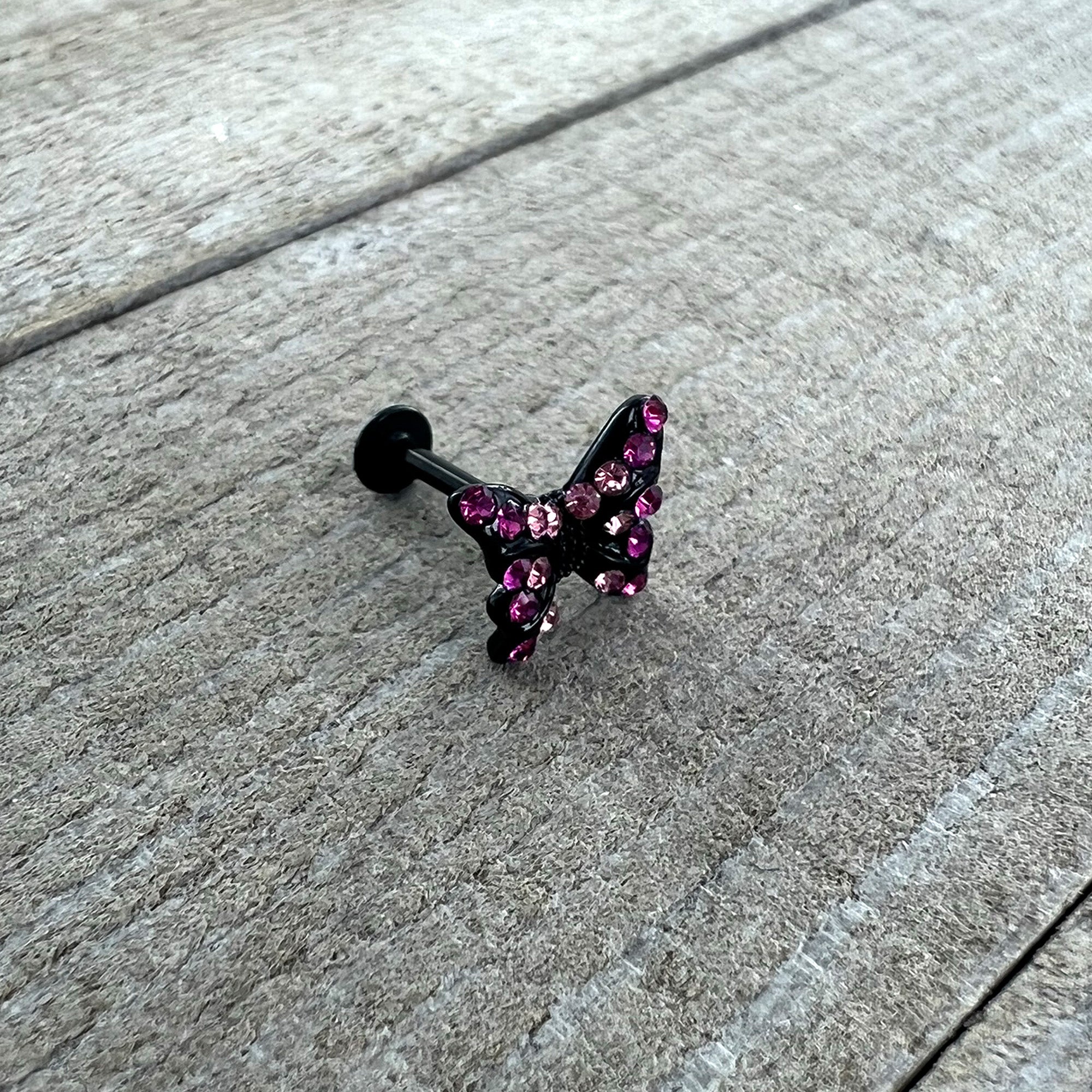 16 Gauge 5/16 Pink Gem Black Midnight Butterfly Labret Monroe Tragus