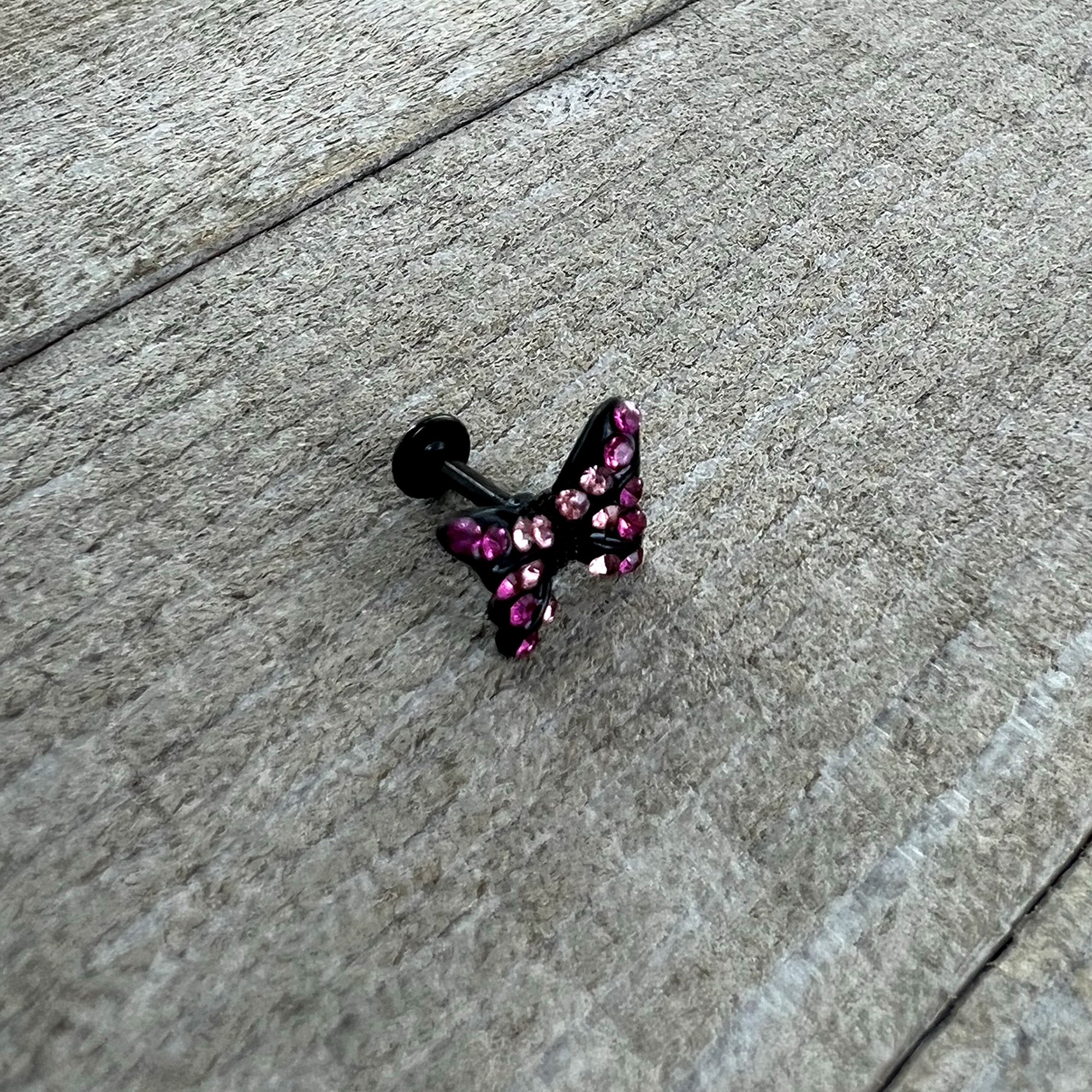 16 Gauge 1/4 Pink Gem Black Midnight Butterfly Labret