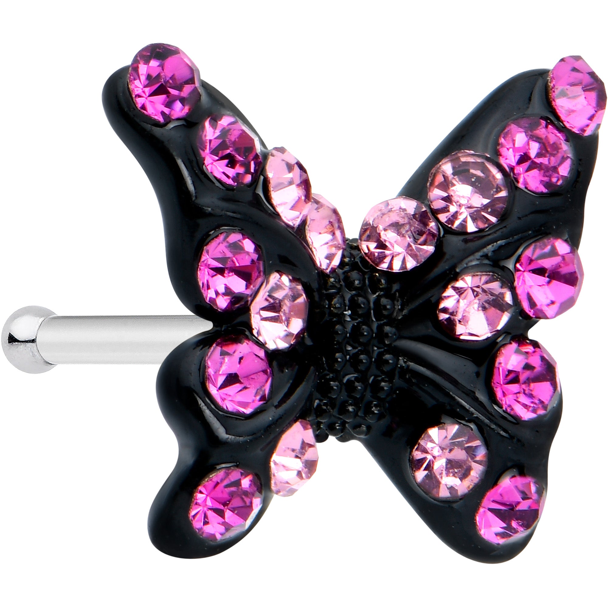 20 Gauge 1/4 Pink Gem Midnight Black Butterfly Nose Bone