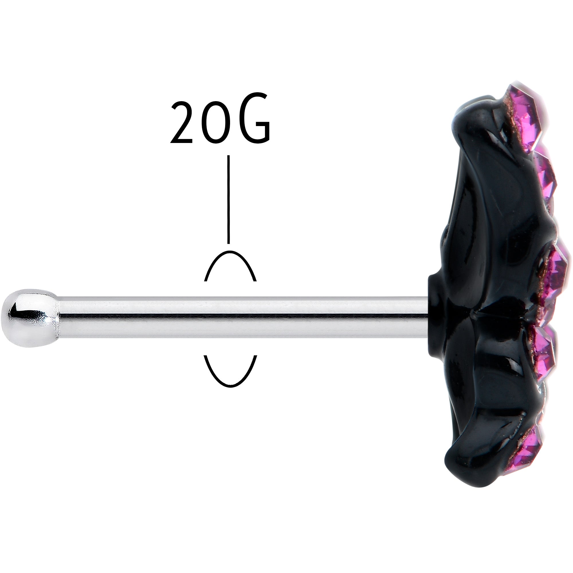 20 Gauge 1/4 Pink Gem Midnight Black Butterfly Nose Bone