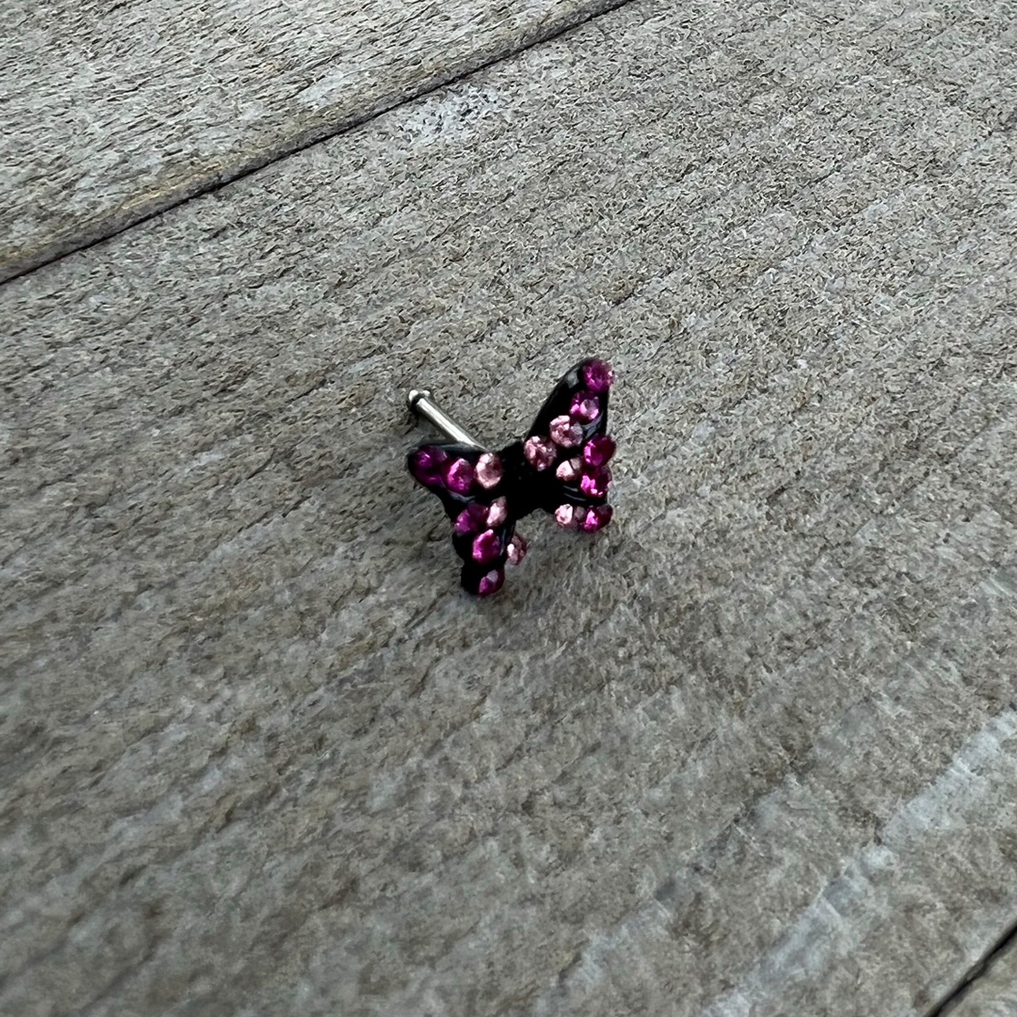 20 Gauge 1/4 Pink Gem Midnight Black Butterfly Nose Bone