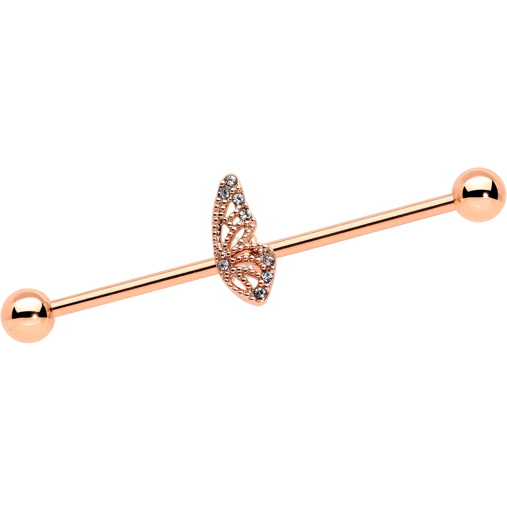 14 Gauge Clear Gem Rose Gold Tone Texture Wing Industrial Barbell 38mm