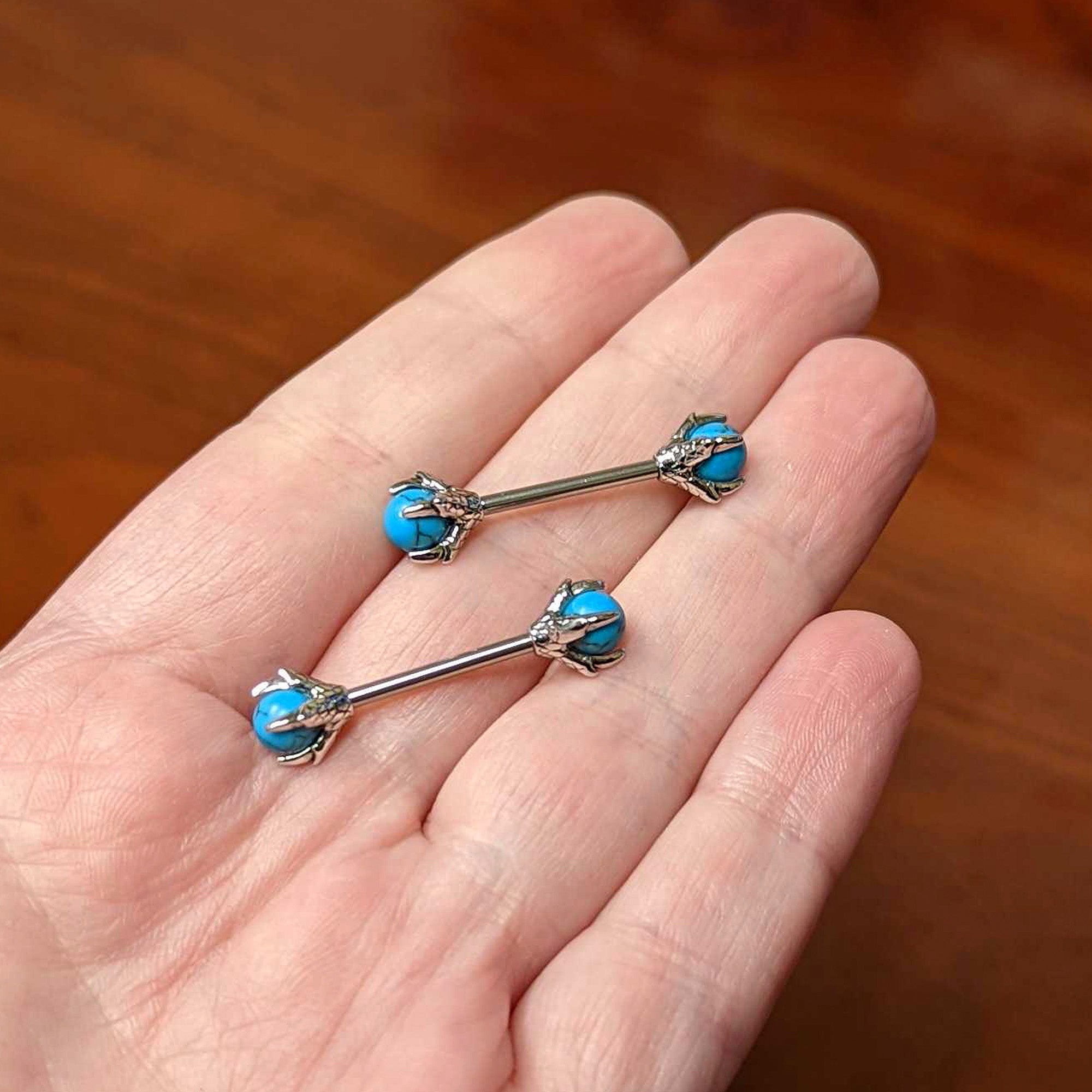 14 Gauge 5/8 Blue Turquoise Skeleton Hand Halloween Nipple Ring Set