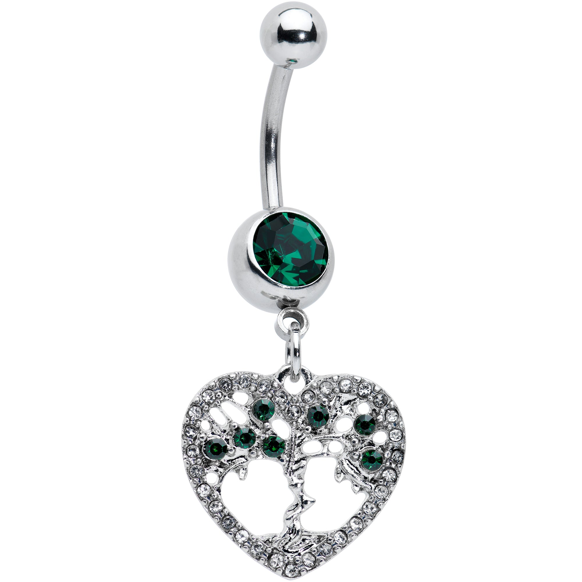 Green Gem Heart Tree Valentines Day Dangle Belly Ring