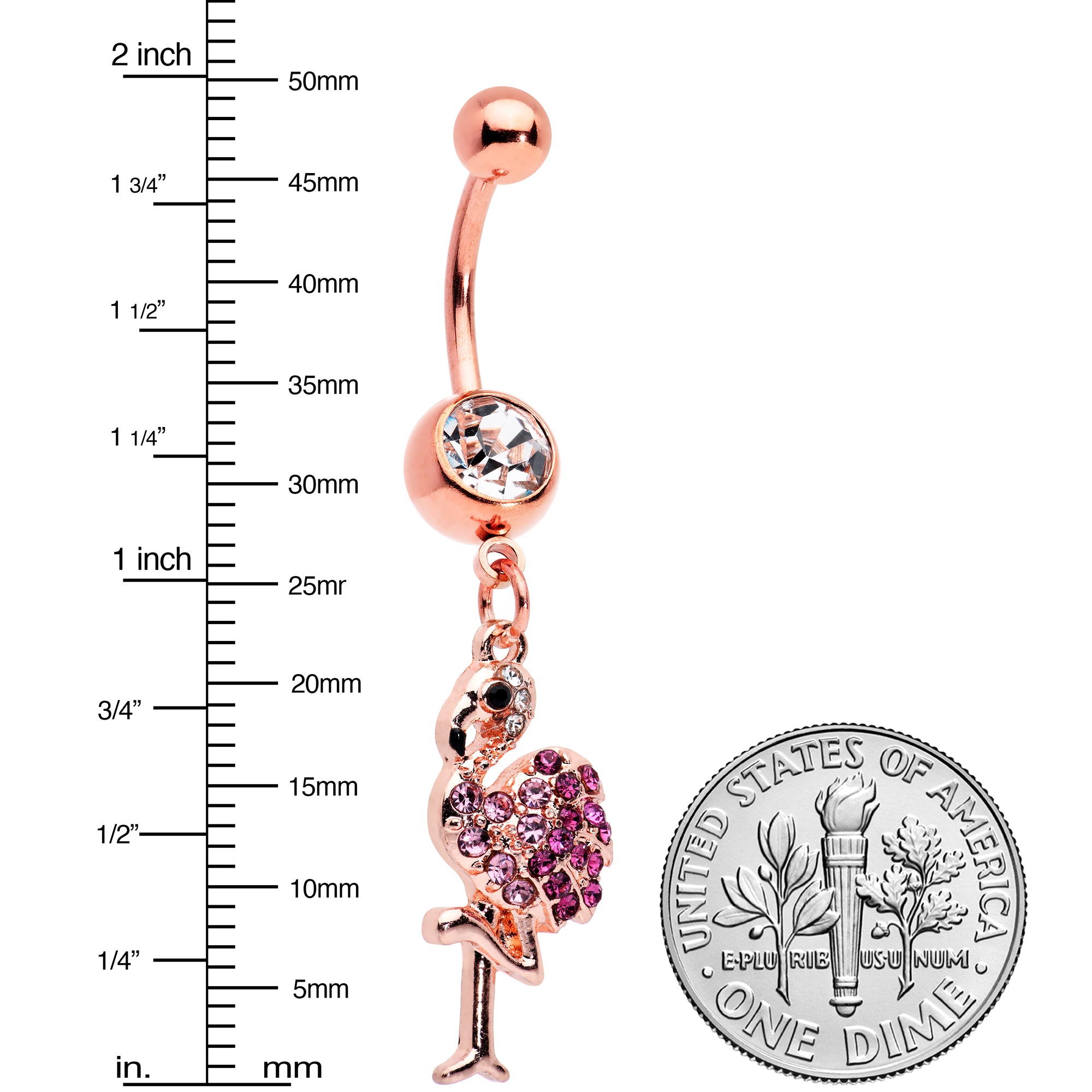 Clear Pink Gem Rose Gold Tone Fashion Flamingo Dangle Belly Ring