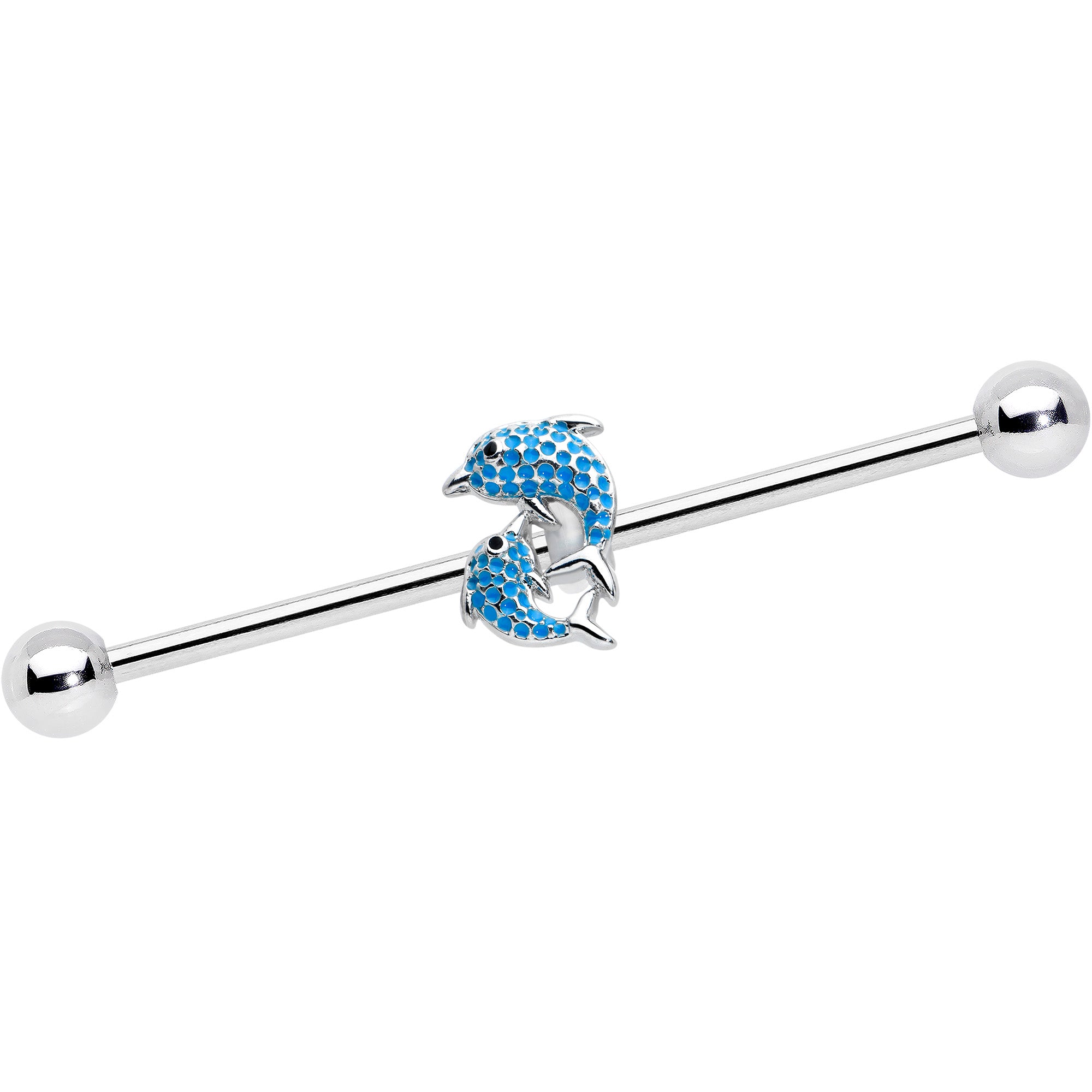 14 Gauge Black Gem Leaping Blue Dolphins Industrial Barbell 38mm