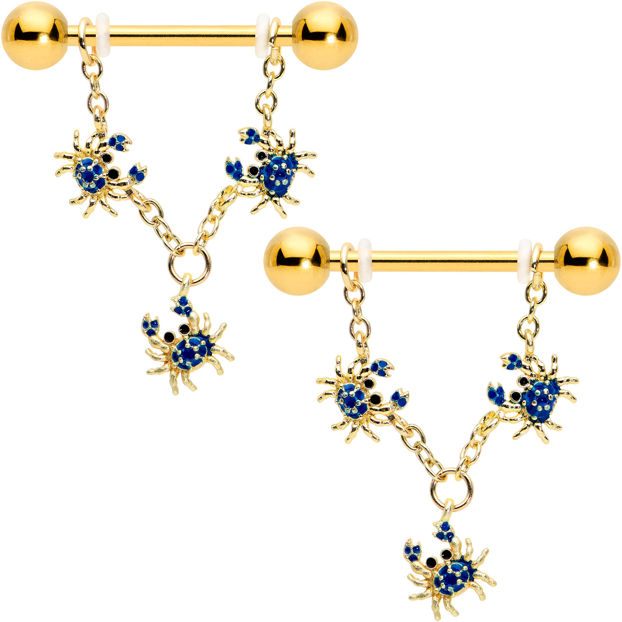 14 Gauge 9/16 Black Gem Gold Tone Blue Crab Dangle Nipple Ring Set