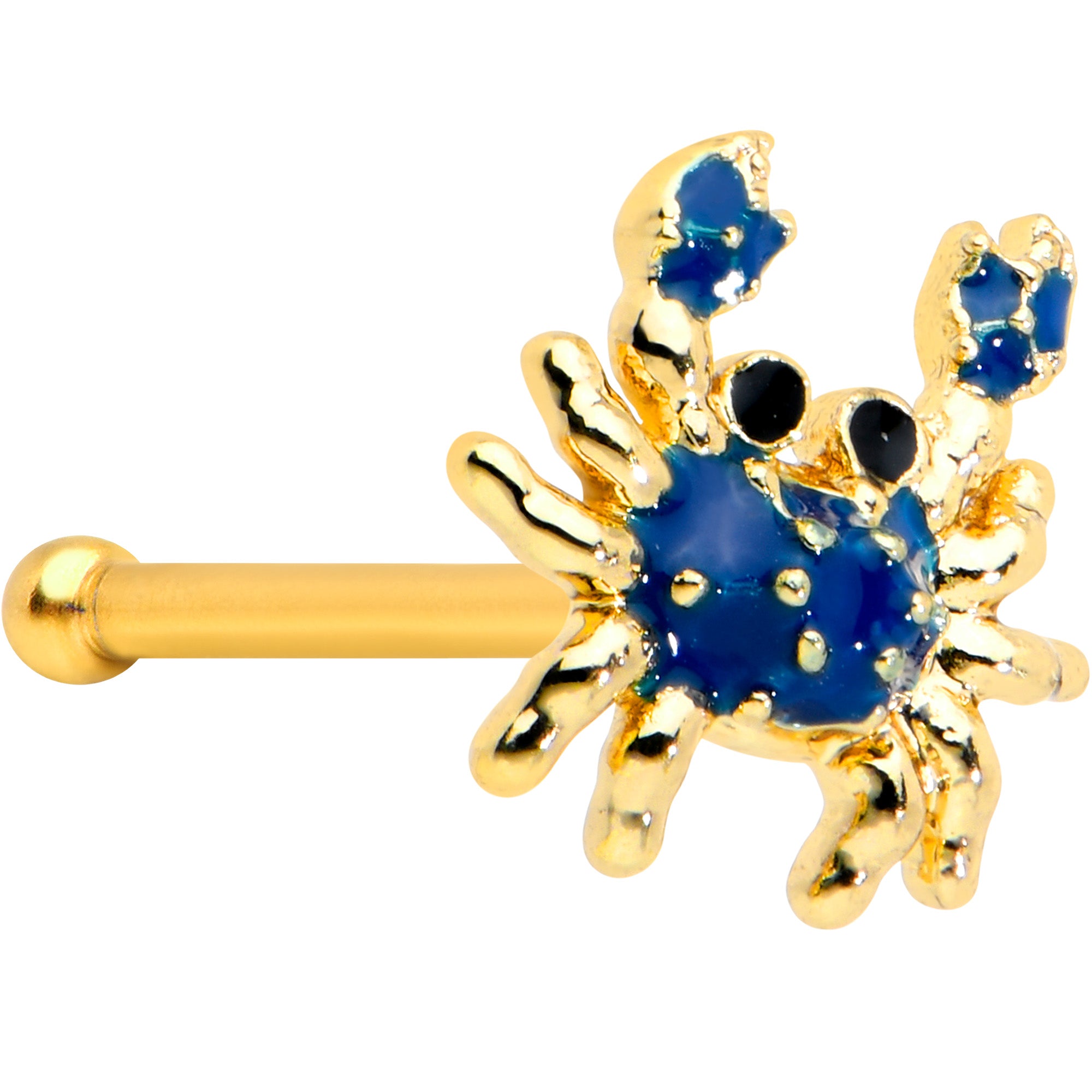 20 Gauge 1/4 Black Gem Gold Tone Blue Crab Nautical Nose Bone