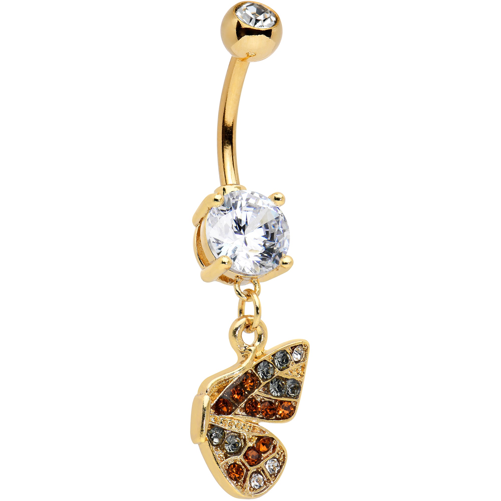 Clear Orange Gem Gold Tone Baroque Butterfly Dangle Belly Ring