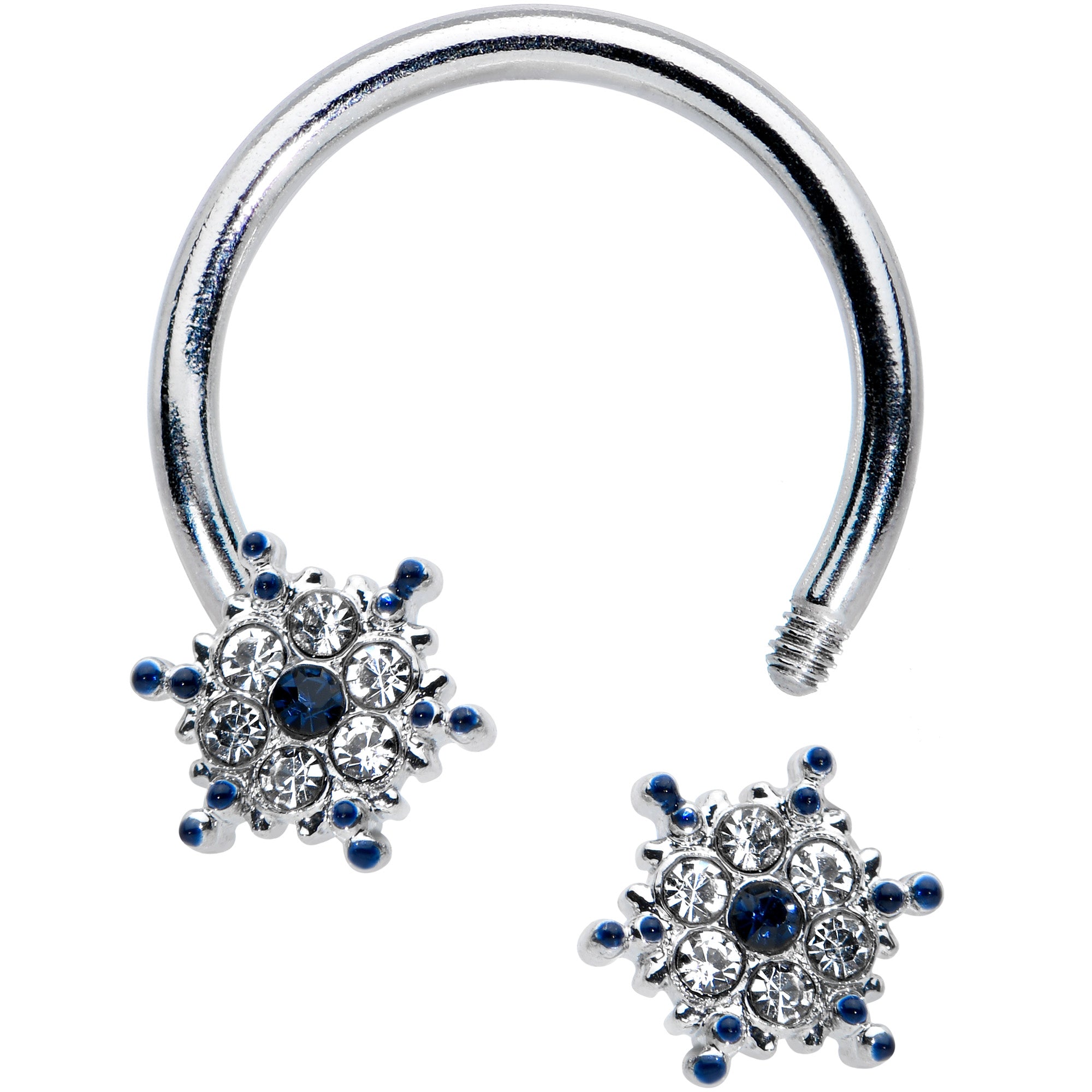 16 Gauge 3/8 Blue Gem Festive Snowflake Horseshoe Circular Barbell