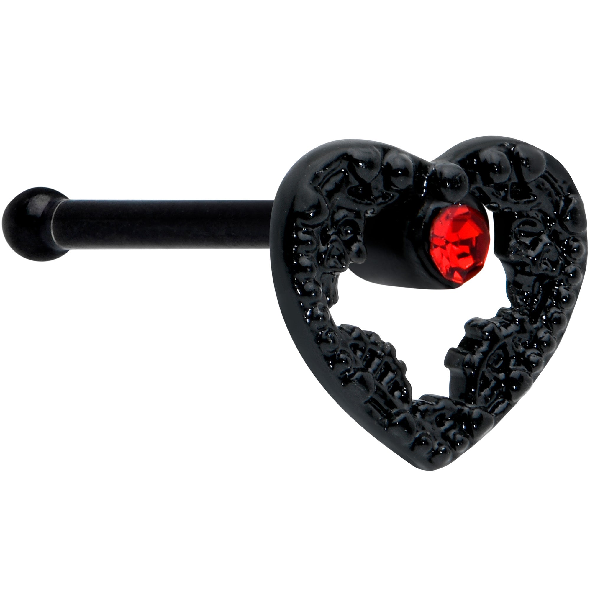 20 Gauge 1/4 Red Gem Black Steampunk Skeleton Heart Nose Bone