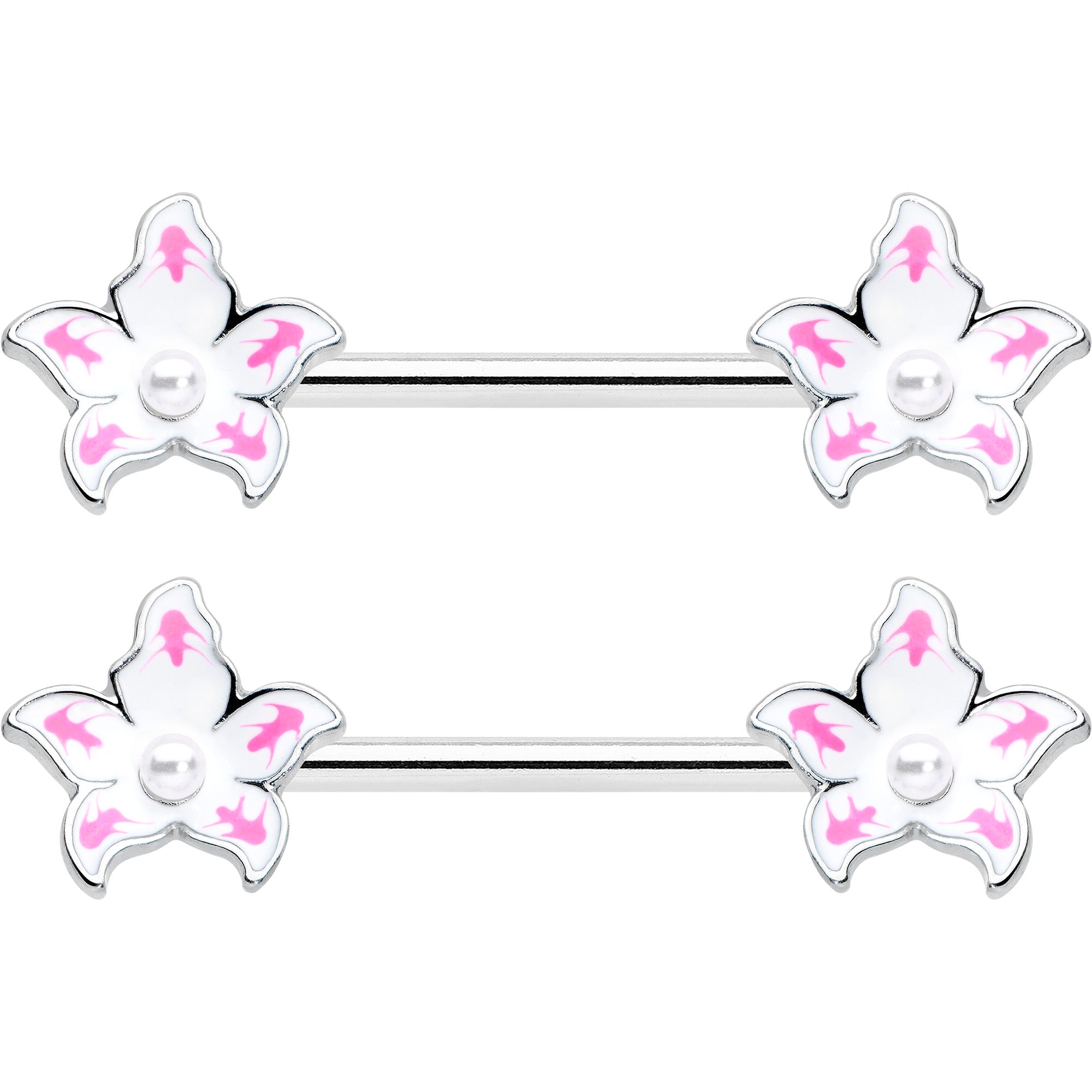 14 Gauge 9/16 Pearlescent Orb Pink White Flower Barbell Nipple Ring Set