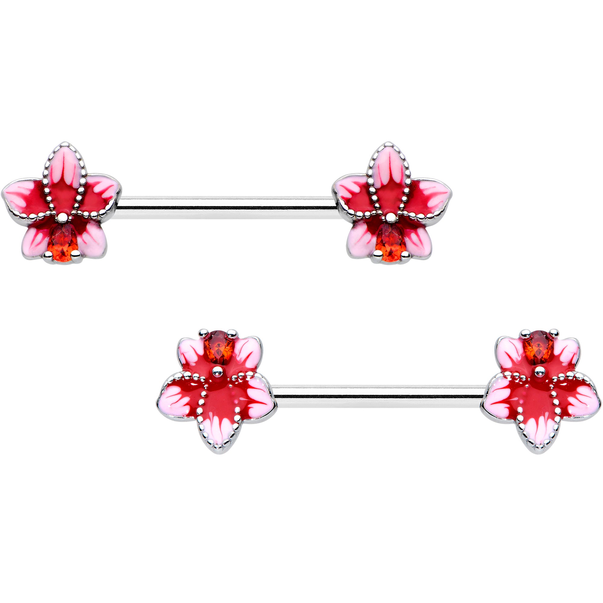 14 Gauge 9/16 Red Gem Tropical Flower Barbell Nipple Ring Set