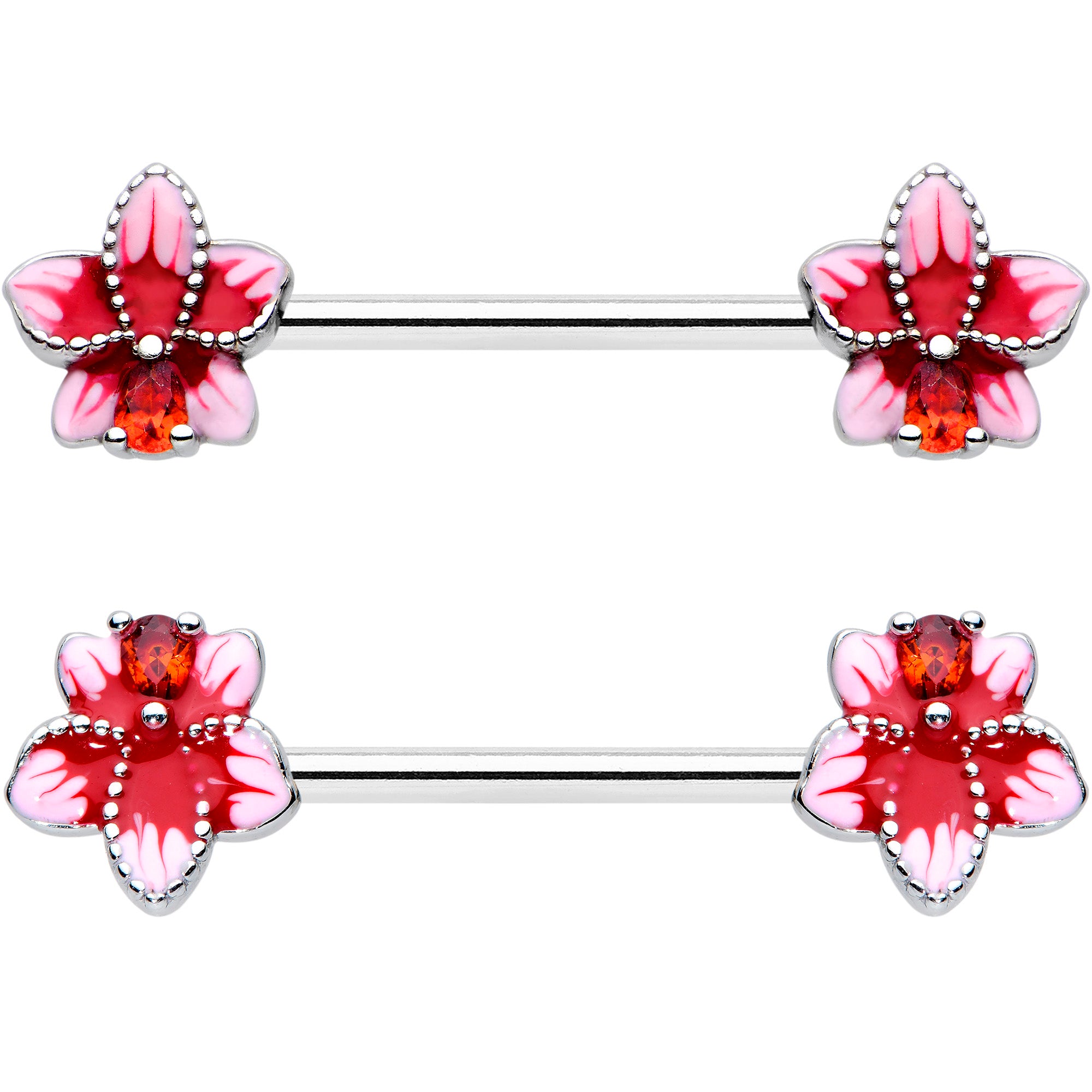 14 Gauge 9/16 Red Gem Tropical Flower Barbell Nipple Ring Set