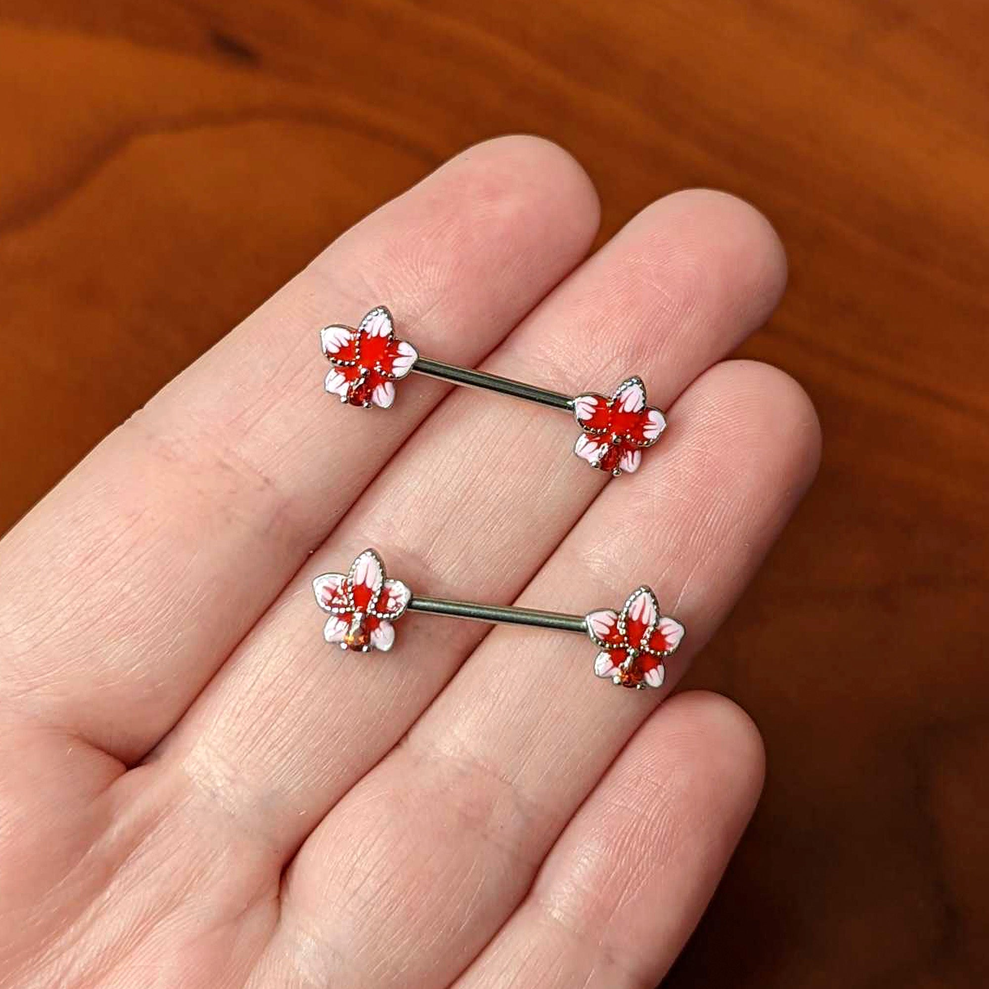 14 Gauge 9/16 Red Gem Tropical Flower Barbell Nipple Ring Set