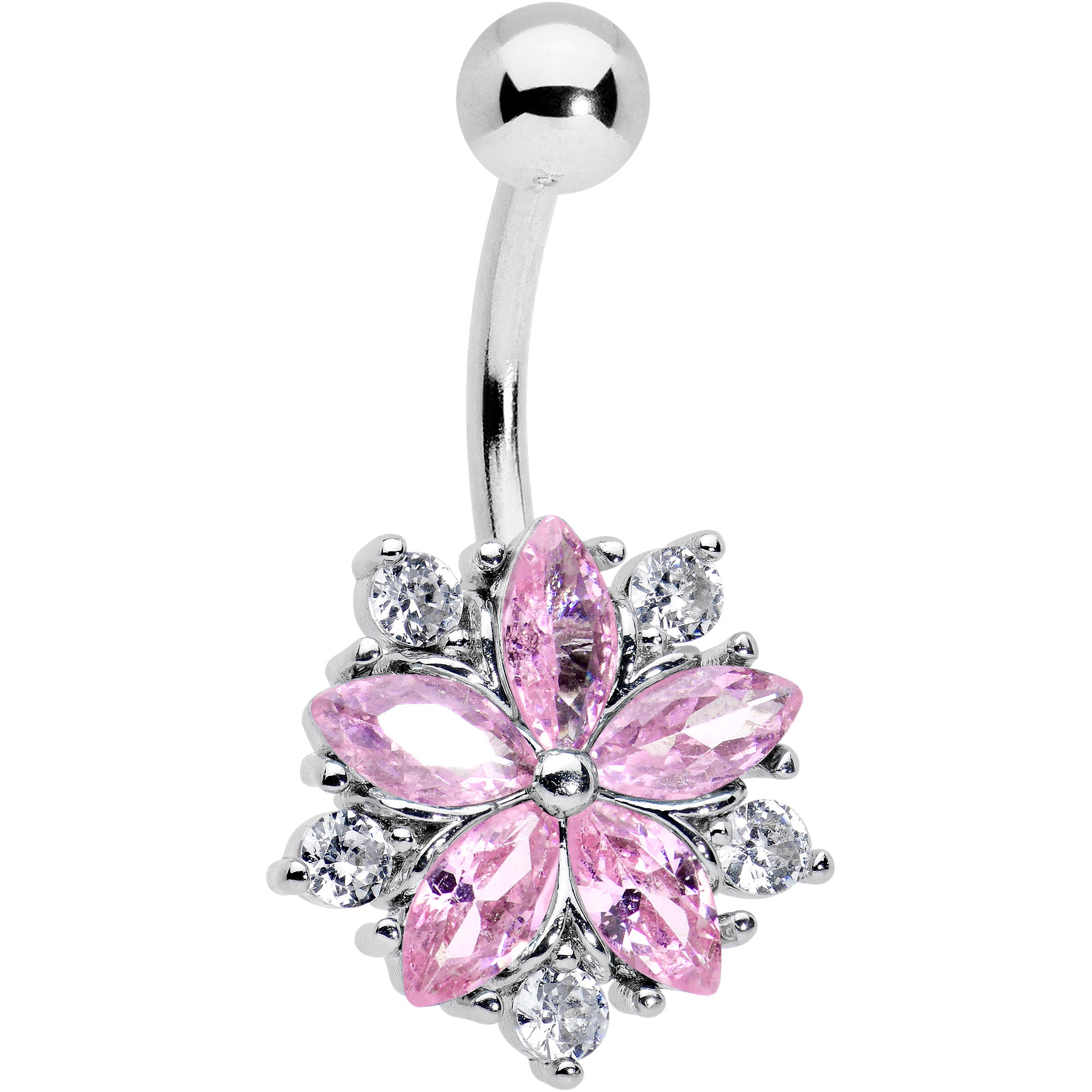 Pink Clear CZ Gem Baroque Floral Burst Belly Ring