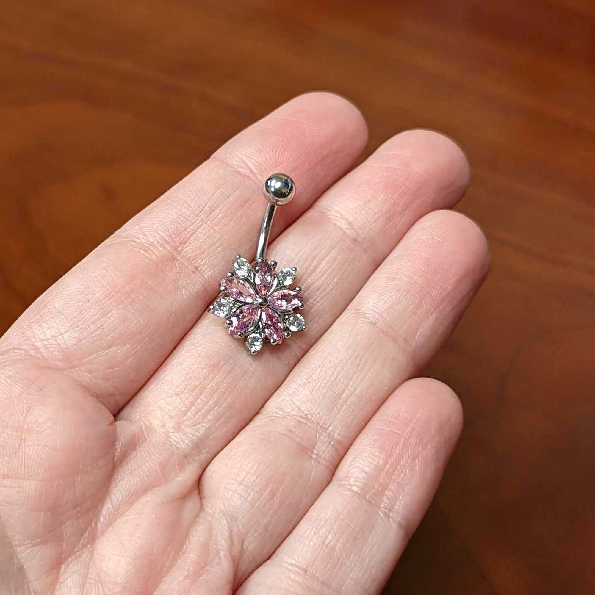 Pink Clear CZ Gem Baroque Floral Burst Belly Ring