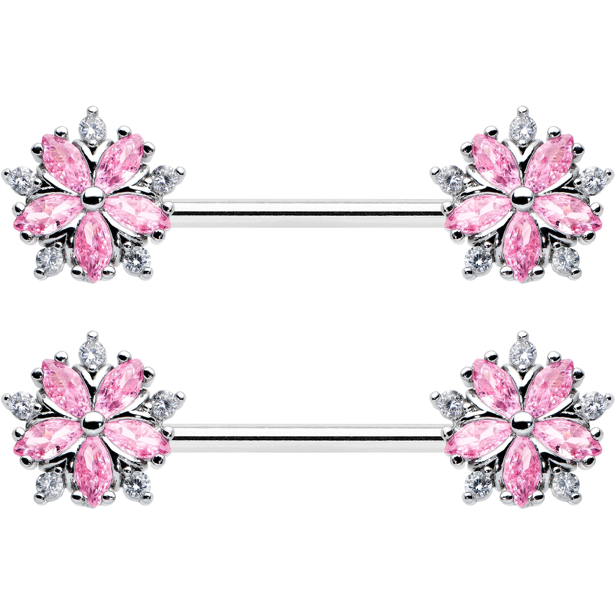 14 Gauge 9/16 Pink CZ Gem Floral Burst Barbell Nipple Ring Set